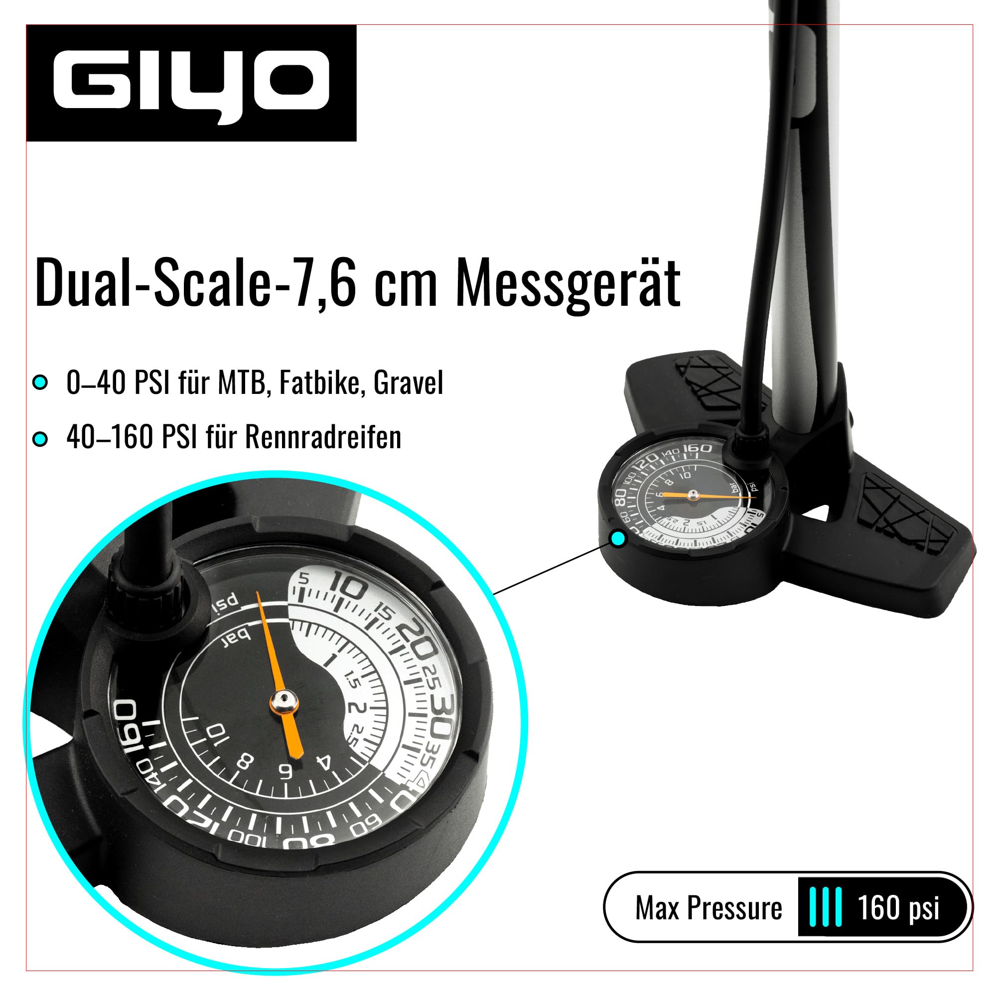 GIYO Fahrrad-Standpumpe GF27DH – Fahrradpumpe mit Präzisions-Manometer für niedrigen & hohen Reifendruck, Einhand-Ventilkopf für Presta, Autoventil/Schrader & Dunlop,Tubeless-kompatibel,11 bar/160 psi