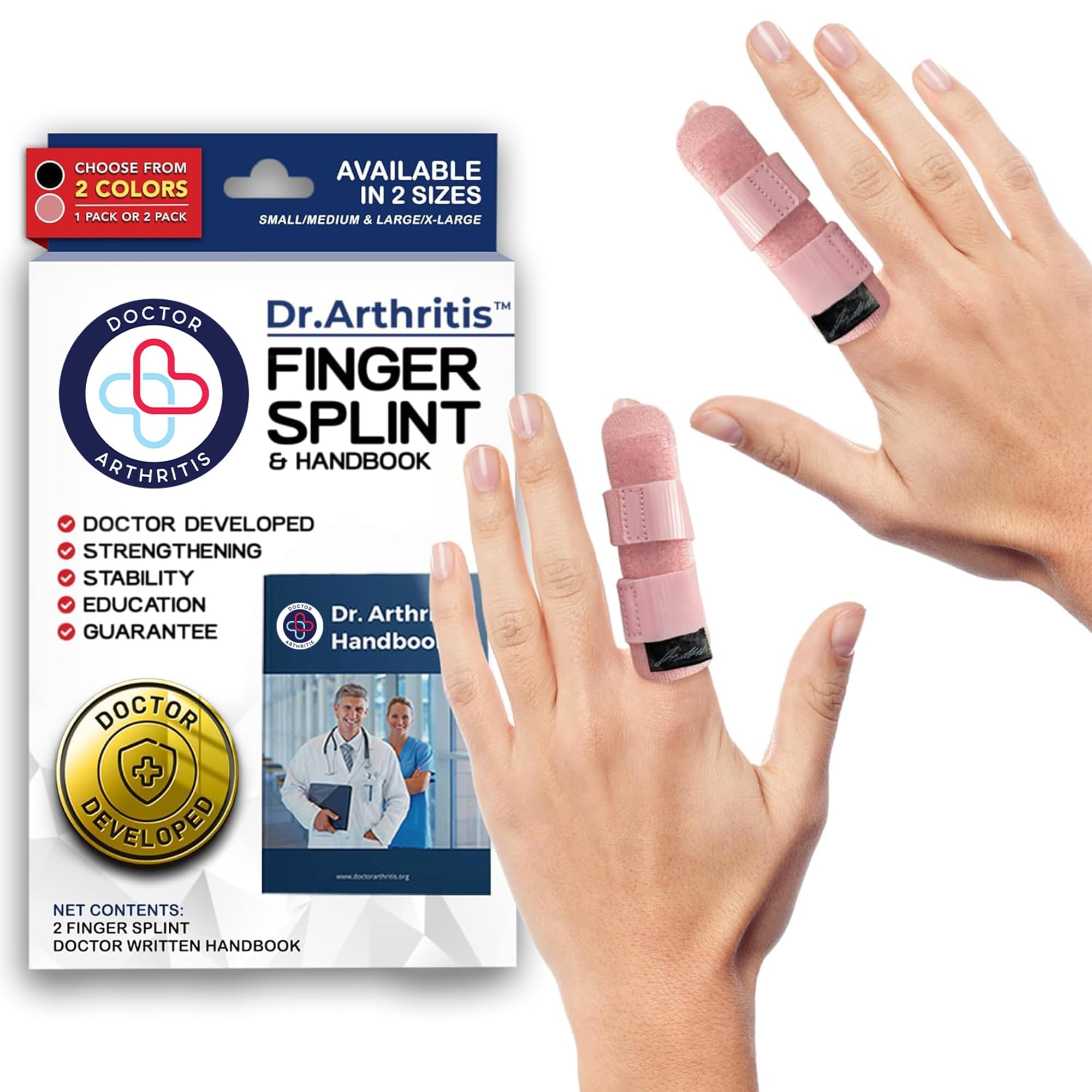 Dr. ArthritisDoctor Designed Finger Brace Finger Splint Small Finger/Middle Finger/Index Finger Protection for Injury with Braces & Splints 2 Pack Pink L/XL