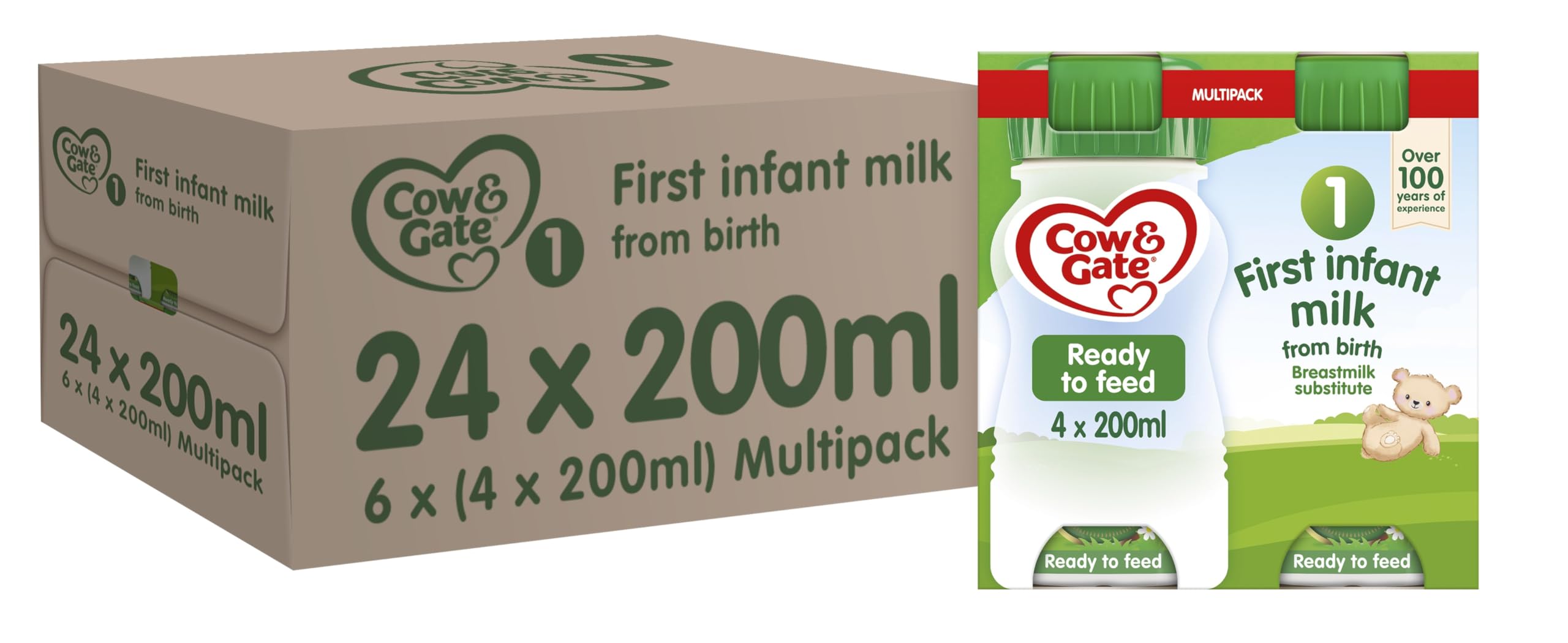 Cow & Gate1 First Infant Baby Milk Ready to Use Liquid Formula, from Birth, 4x200ml (Pack of 6, Total 24 Bottles) (Packaging may vary)