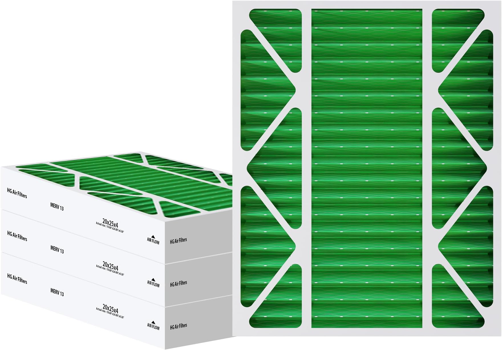 HG 20x25x4 Air Filter Actual Size: 19.88" x 24.88" x 4.31" MERV 13 MPR 1500-1900 | MADE IN USA | 4-Pack | Pleated HVAC AC Furnace Replacement