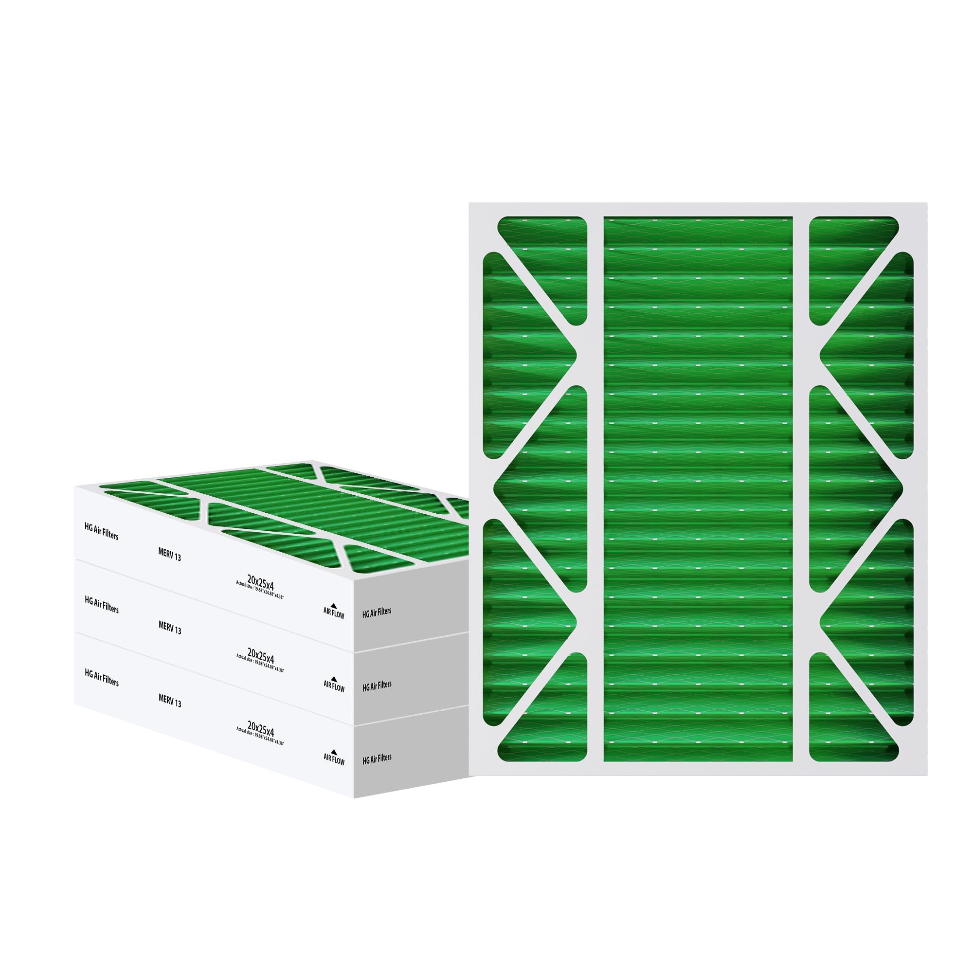 HG 20x25x4 Air Filter Actual Size: 19.88" x 24.88" x 4.31" MERV 13 MPR 1500-1900 | MADE IN USA | 4-Pack | Pleated HVAC AC Furnace Replacement