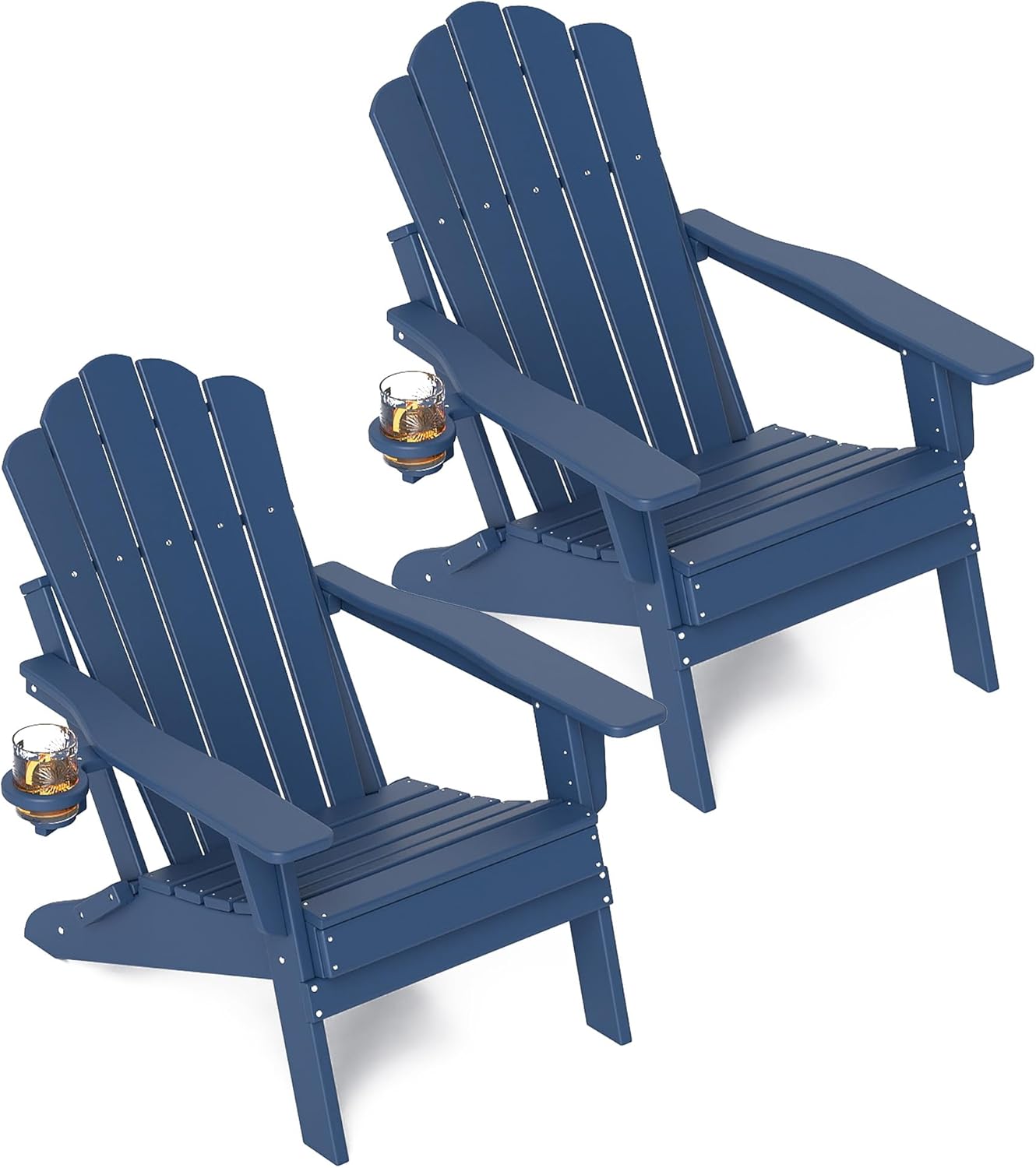 FOOWIN HDPE Adjustable Adirondack Chair Set of 2, 400lbs Heavy Duty Folding Patio Chairs with Cup Holder, 3-Position Reclining Fire Pit Seating, All-Weather Poly Lumber for Backyard, Deck - Navy Blue