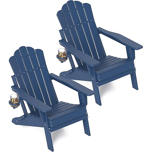 FOOWIN HDPE Adjustable Adirondack Chair Set of 2, 400lbs Heavy Duty Folding Patio Chairs with Cup Holder, 3-Position Reclining Fire Pit Seating, All-Weather Poly Lumber for Backyard, Deck - Navy Blue