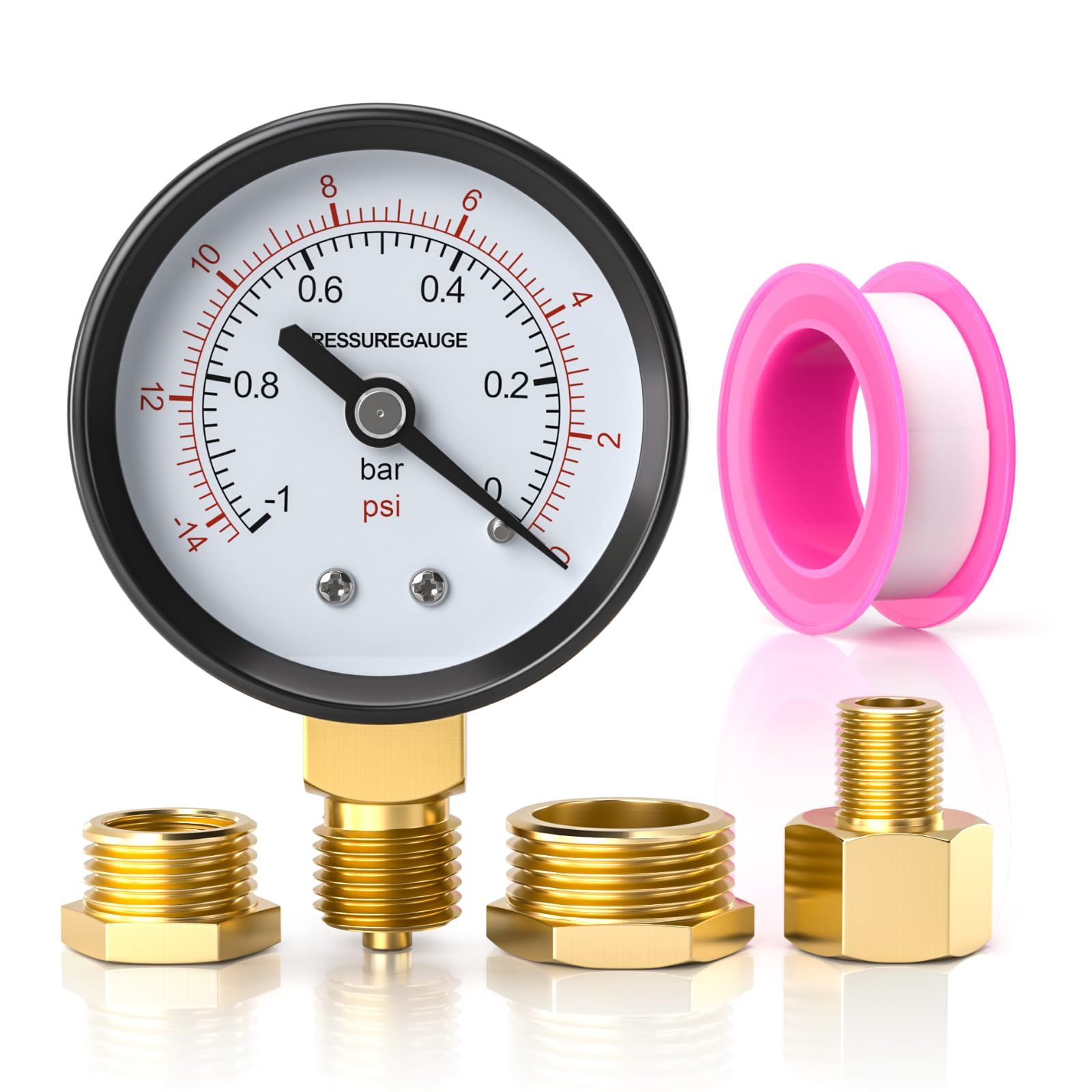 1 Pz 50mm Manometro per vuoto BSP 1/4“ -1~0 Bar -14~0 Psi con 2 pezzi boccola 1/4” a 3/8“, 1/4” a 1/2“ e 1 pezzo nipplo esagonale di riduzione 1/4” a 1/8”, un nastro di teflon, radiale