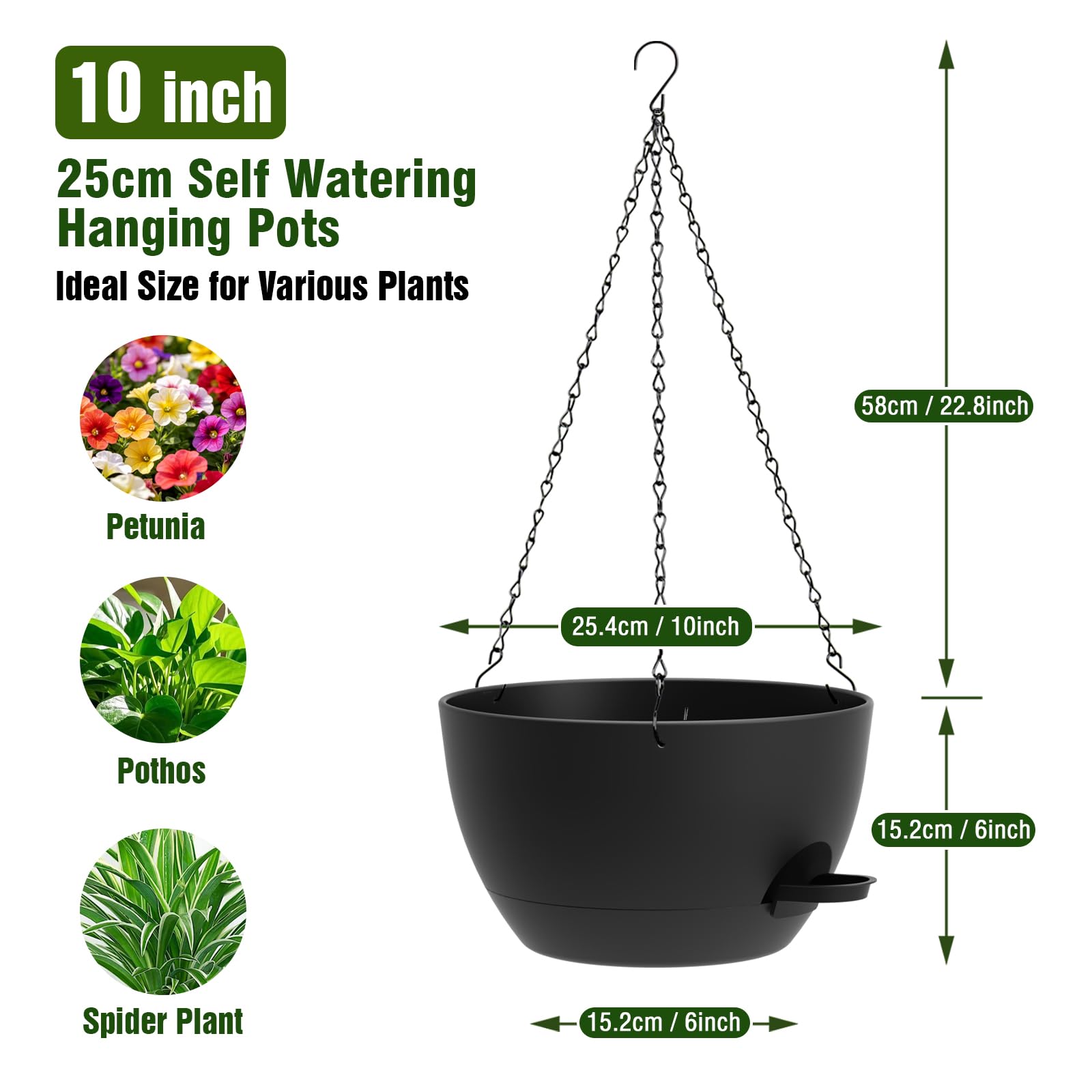 WSMKSZ 25cm Selbstbewässernde Blumenampel Hängend Innen Außen, 2er Set Kunststoff Blumentopf Hängend mit Drainageloch & Wasserreservoir, Hängetopf für Pflanzen für Balkon, Veranda, Garten, Schwarz