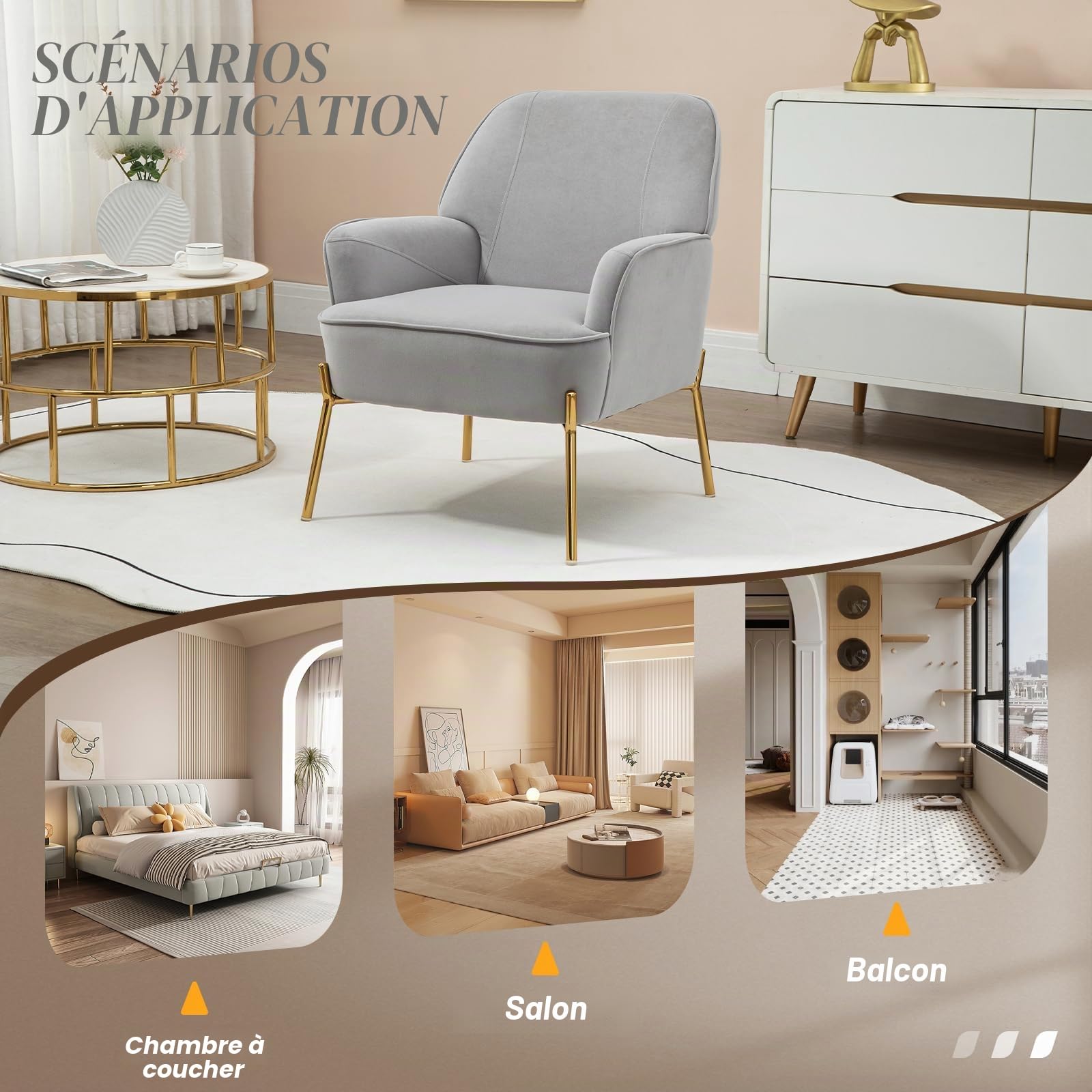 SEPNINE Fauteuil en Velours Confortable avec Accoudoirs, Assise Épaisse et Pieds en Métal, Chaise Relax pour Salon ou Chambre- Jusqu'à 135 kg