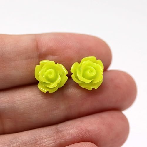 Miniatura 4 de Pretty Smart 9mm Small Rose Studs Hypoallergenic Plastic Post Earrings Metal Sensitive Ears (Lime Green)