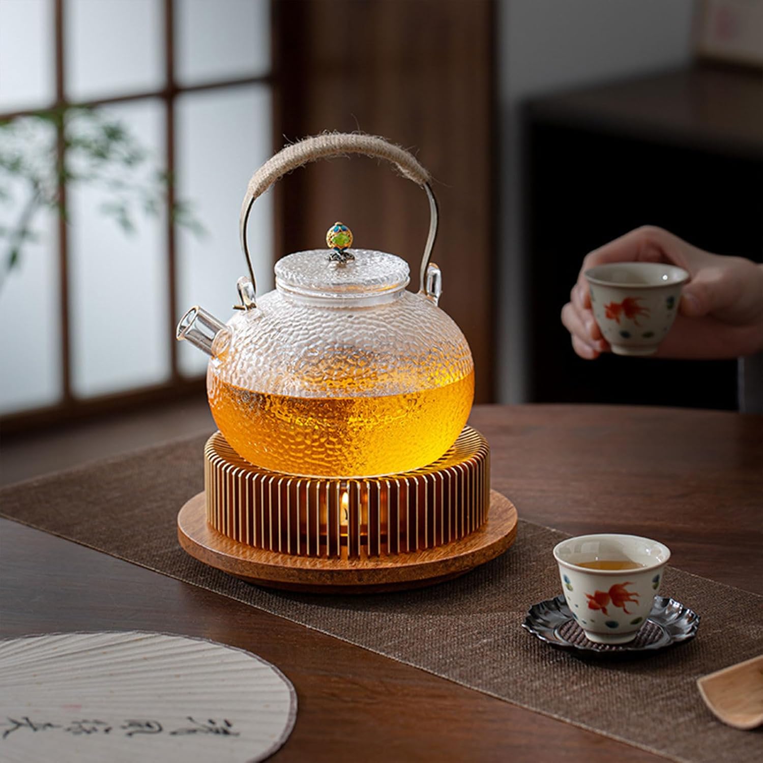 Dxcaicc Aluminum Alloy Teapot Warmer with Solid Wood Tray,Teapot Heating Warmer Base for Coffee Tea Milk Food,Gift for Home and Office for Camping,C