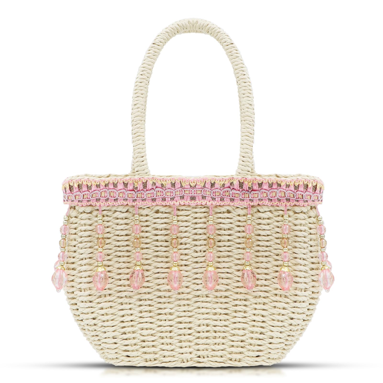 QTKJ Straw Bag, Tote Bag for Women,Pink Tassel Pendant Beach Bag, Bohemian Hand-Woven Handbag, Summer Bag Suitable for Vacation Travel Daily Matching