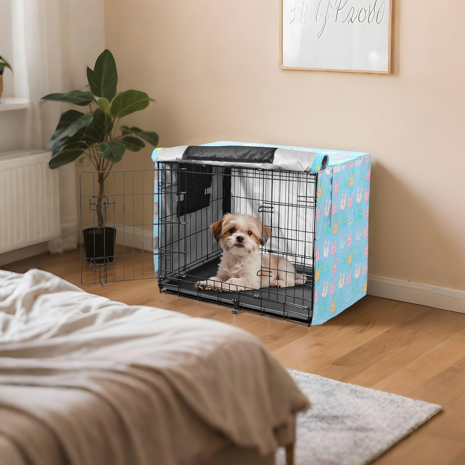 Cute Cartoon Bunny Pastel Pet Kennel Cover with Mesh Windows, Wind-Resistant Kennel Cover for Dogs, X-Large