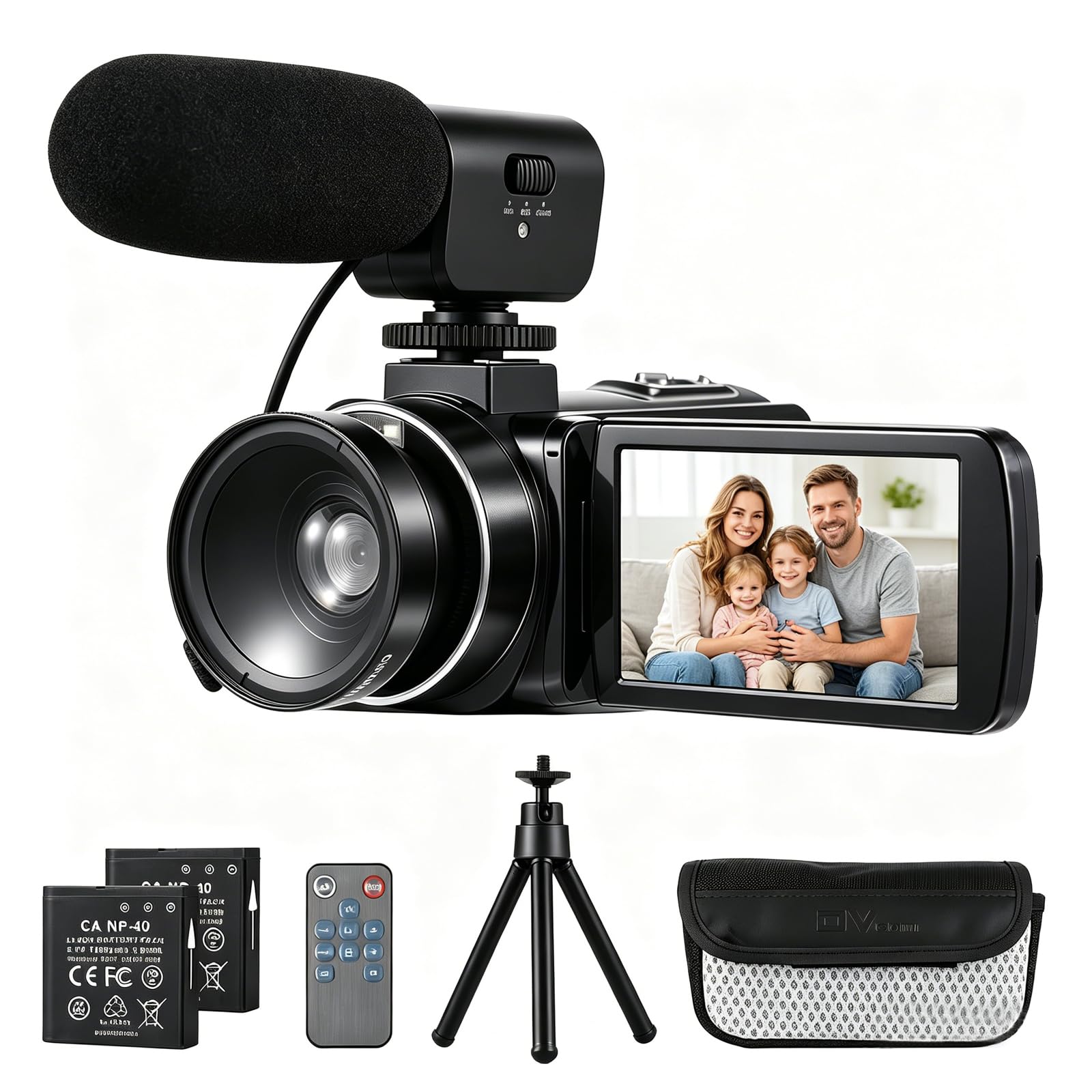 Andoer Caméra vidéo numérique 2.7 K,Enregistreur DV,48 MP,Zoom numérique 16x,Écran tactile IPS de 7.6 cm,Télécommande,Mini trépied,Microphone externe,Objectif macro grand angle 0.45 x