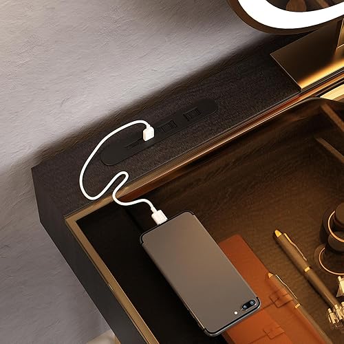 Miniatura 6 de Lartis Mesa de tocador de maquillaje de alta calidad, tocador de almacenamiento, juego de tocador con taburete tapizado de madera maciza, espejo LED