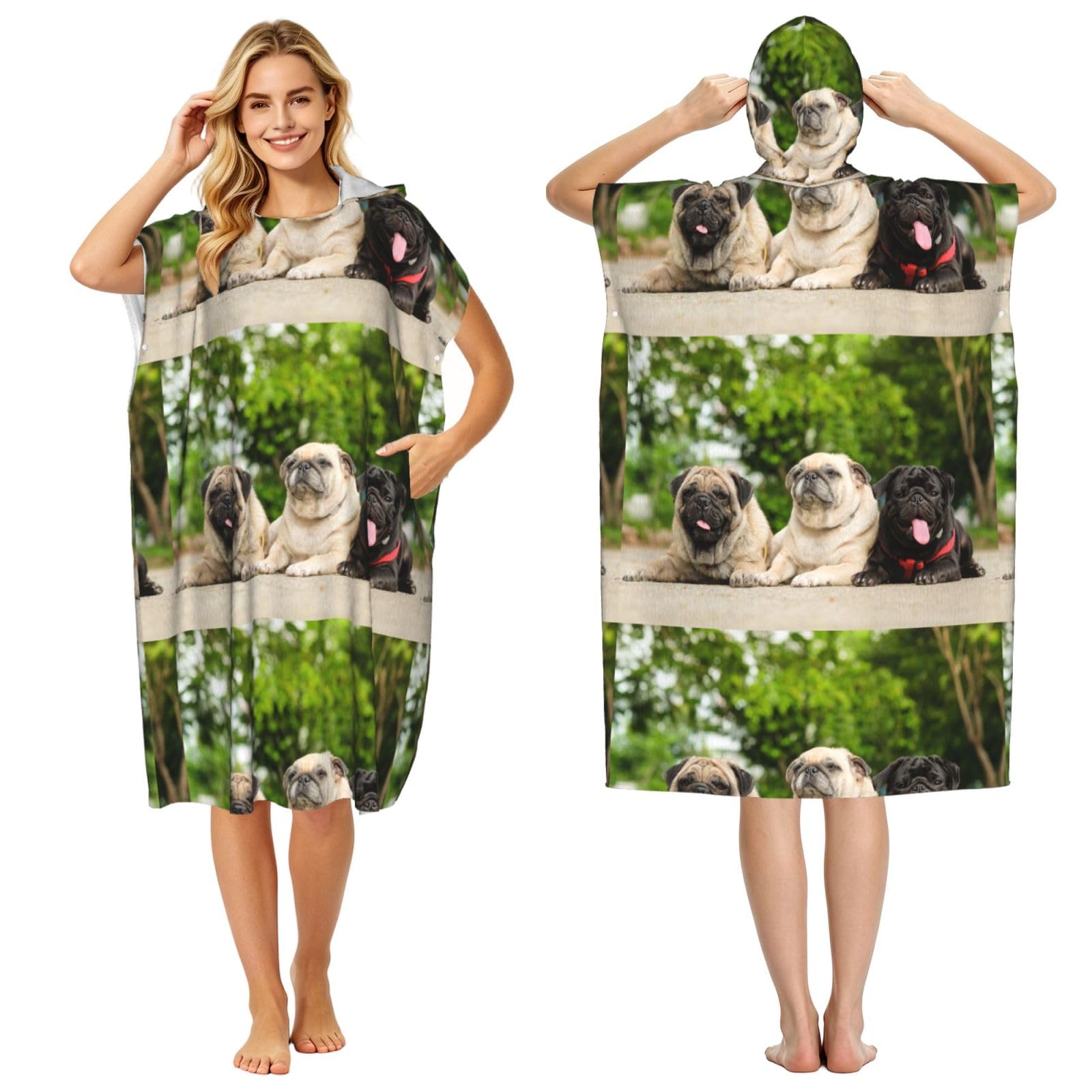 Pug Friendship Bokeh Dogs Pets Friends Pug, Adult Hooded Beach Towel 90 x 110 cm,Changing Bath Robe, Surf Poncho Towel For Women Men