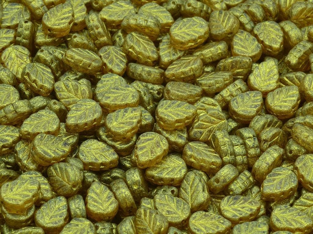 15p Mint Leaf Beads 10 x 8 mm Crystal Gold Luster Spotted 00030-65322 Glass Czech Republic