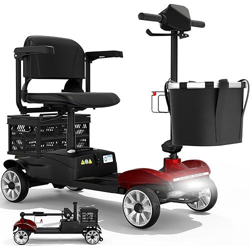 4 Wheel Mobility Scooters for Adults 15 Miles Long Range Foldable Electric Scooter All Terrain Motorized Scooter Powered Mobility Scooters for Seniors, with Basket and Charger (Red)