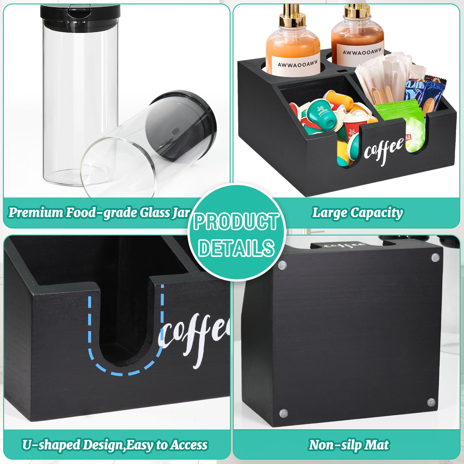 Coffee Container for Ground Coffee, Glass Coffee Containers with Shelf, Coffee Station Organizer with Coffee Canisters Airtight and Spoon, Coffee Jar and Coffee Cup Holder for Coffee Bar DÃ©cor (Black)