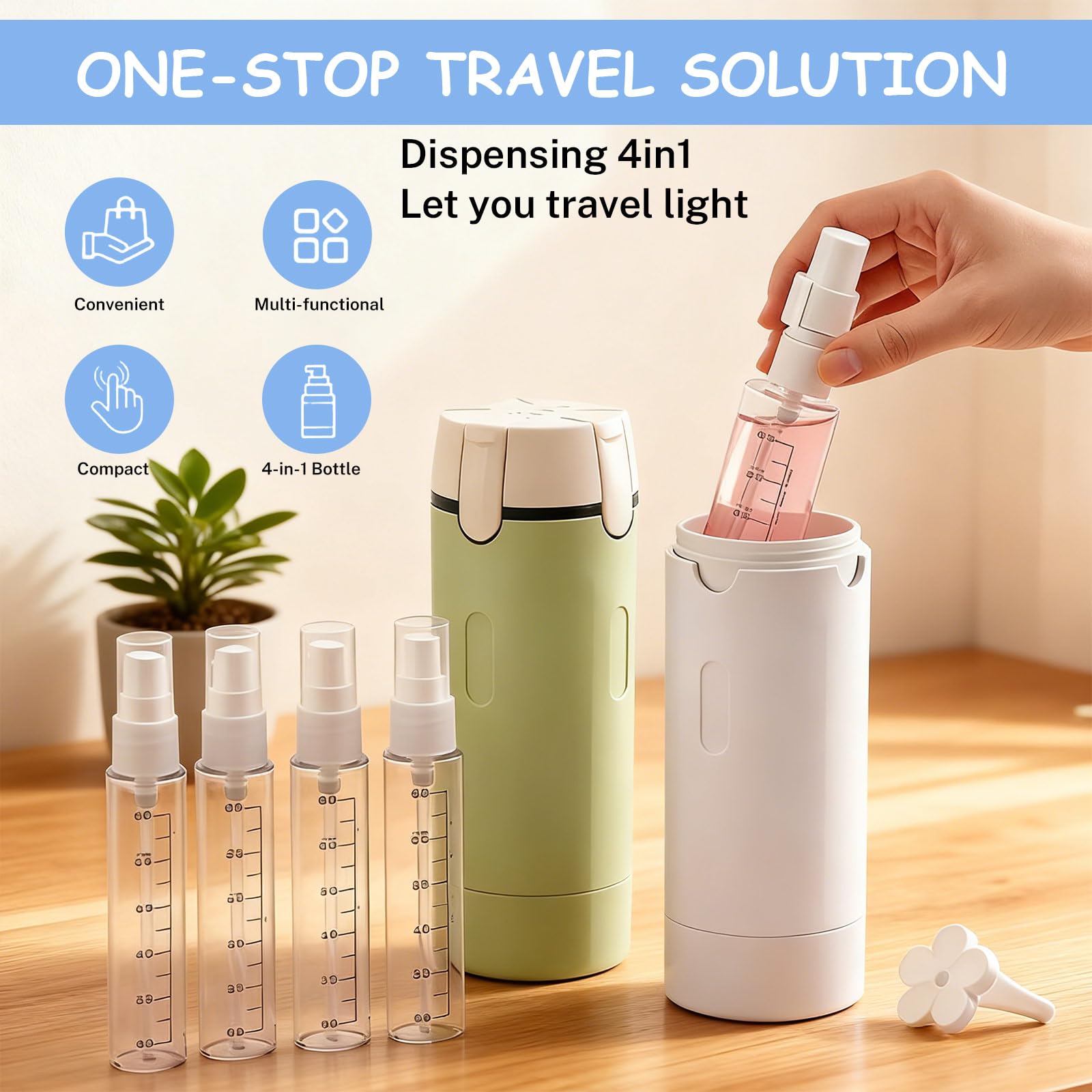 Vulaop 4 in 1 Refillable Travel Dispenser Bottles, Auslaufsichere Reise Flaschen Set, Tragbare Silikon Reise flaschen, Reise Pumpflasche Für Shampoo, Lotion, Spülung Creme (2pcs) - 4