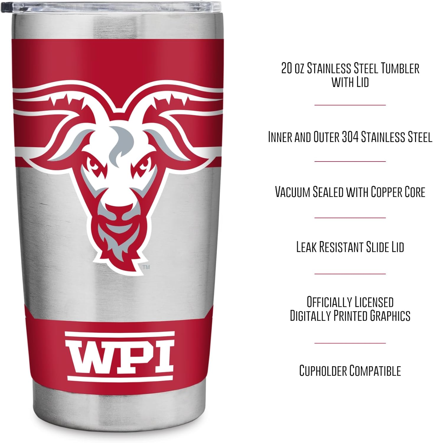 Rico Industries NCAA Worcester Poly Engineers Standard 20oz Stainless Steel Tumbler with Lid - Great For Coffee, Tea, Water or Cocktails - Image 8