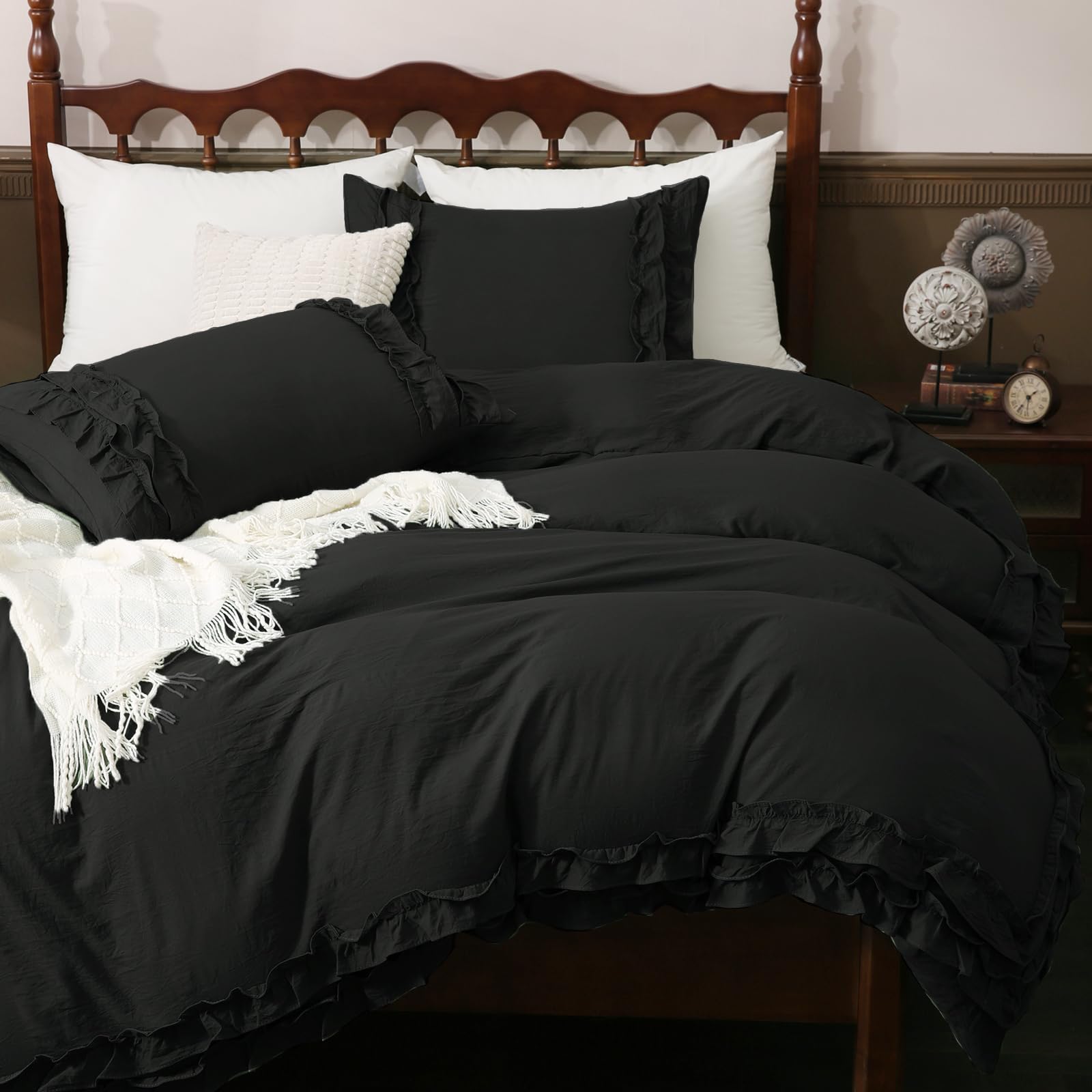 Herside Ruffled Bedding Set King Solid Black Duvet Cover Set Luxury Cute Bedding Cover Home Decor Reversible Easy Care Bedding Sets for Girls Adult - Image 3