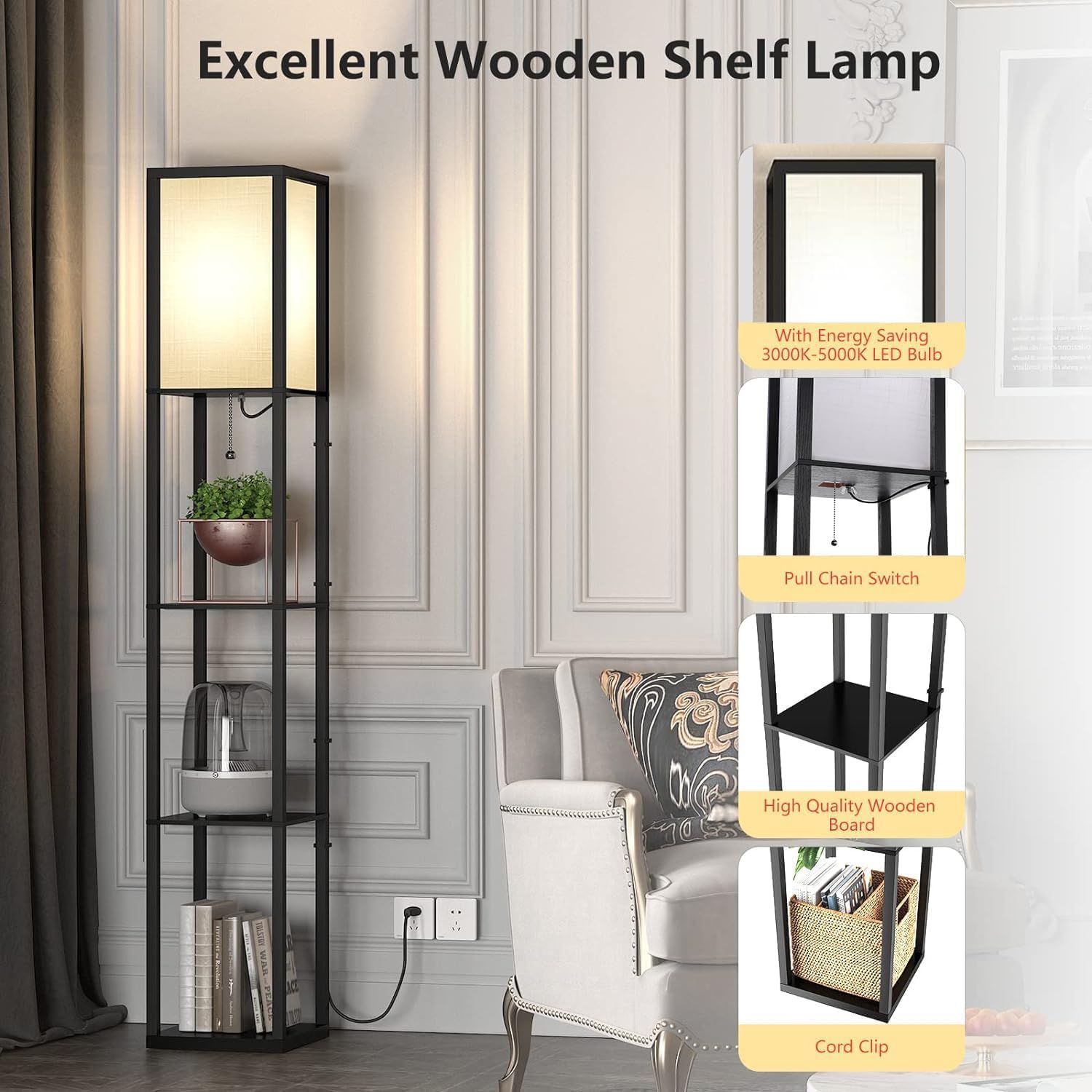 Lampada Salotto da Terra, 3000K-5000K Lampada da Pavimento in Legno con Scaffale, Lampada a Stelo 1.6M, Piantana da Terra con Presa E27 per Camera Da Letto e Soggiorno (Lampadine Incluse)