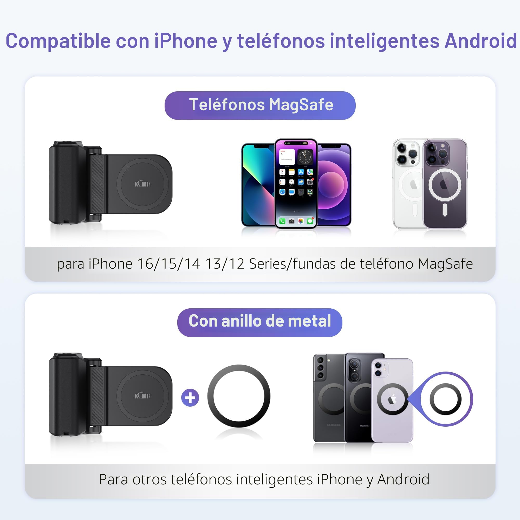 KIWIFOTOS Smartphone Handle Grip, Empuñadura Magnética para Smartphone, con Mando a Distancia Inalámbrico Bluetooth Desmontable y Rosca de 1/4", para iPhone y Android (Gris)
