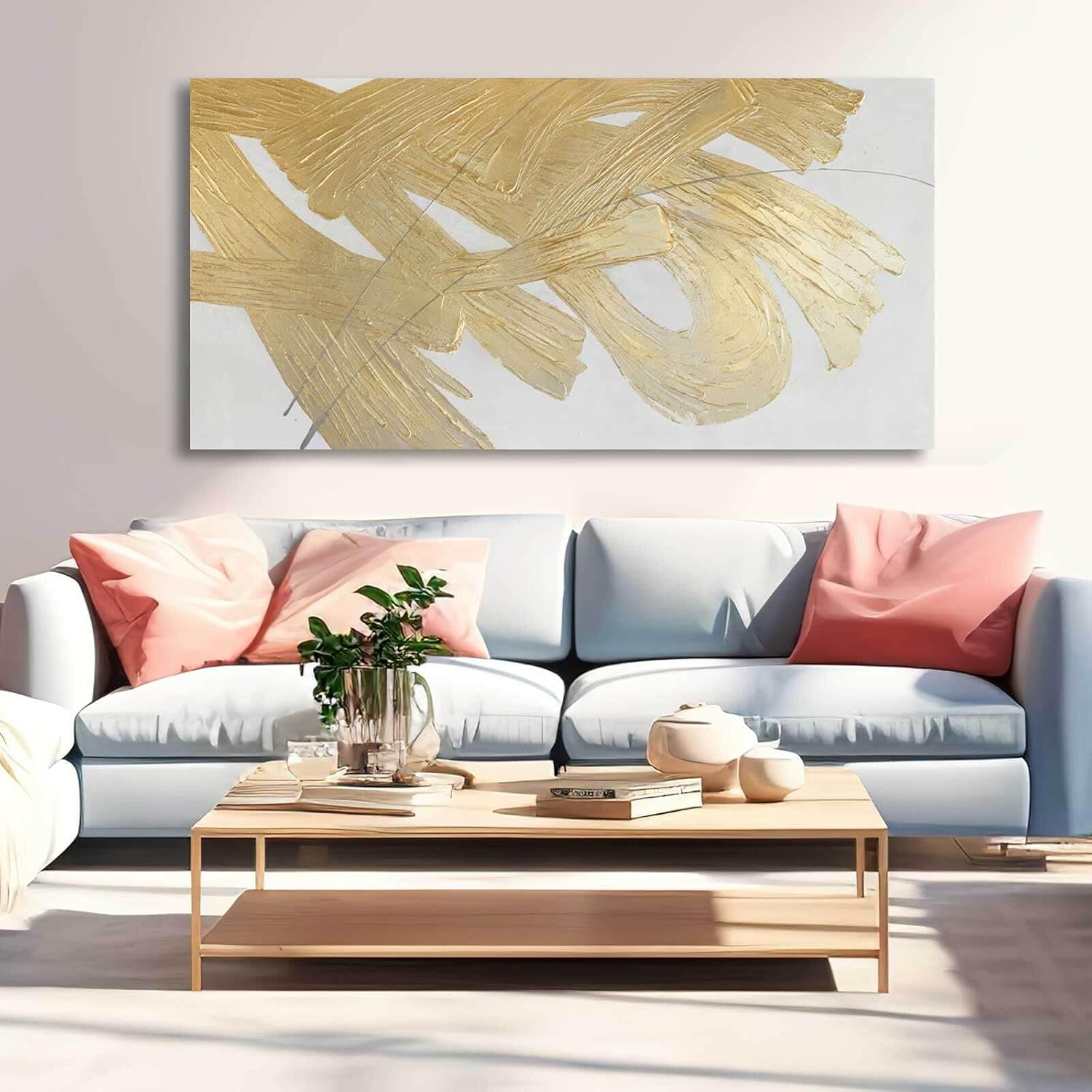XIANSHOU Wall Decorations for Living Room Gold and White Abstract Canvas Art Oil Painting Large Minimalist Decor Wall Art for Office Bedroom Home 29x 58