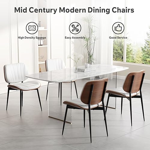 Miniatura 9 de Silla de comedor, sillas de comedor modernas de mediados de siglo, sillas de cocina tapizadas de piel sintética con respaldo de madera curvada de
