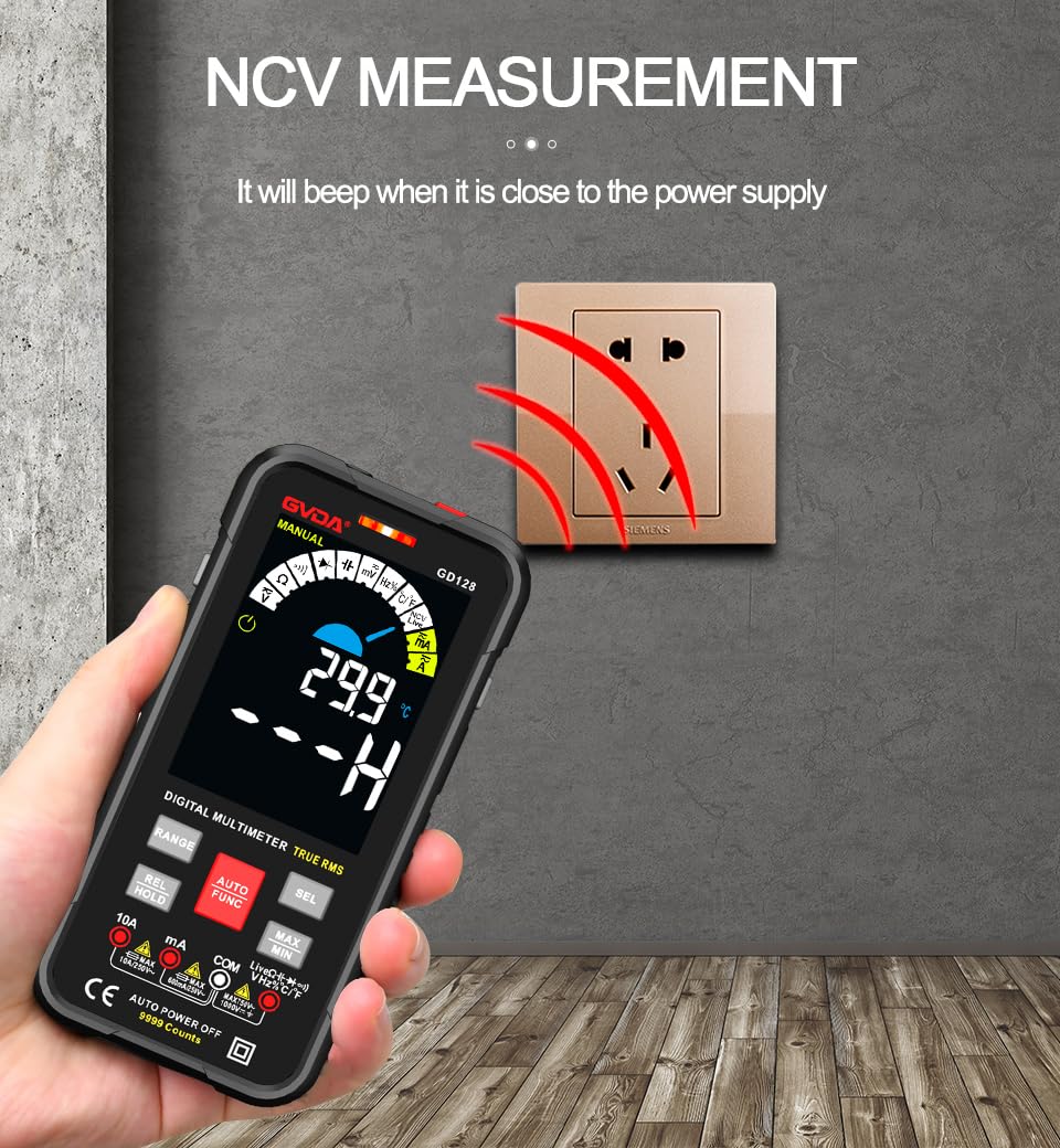 GVDA GD128 Multimeter performing NCV measurement near a wall outlet