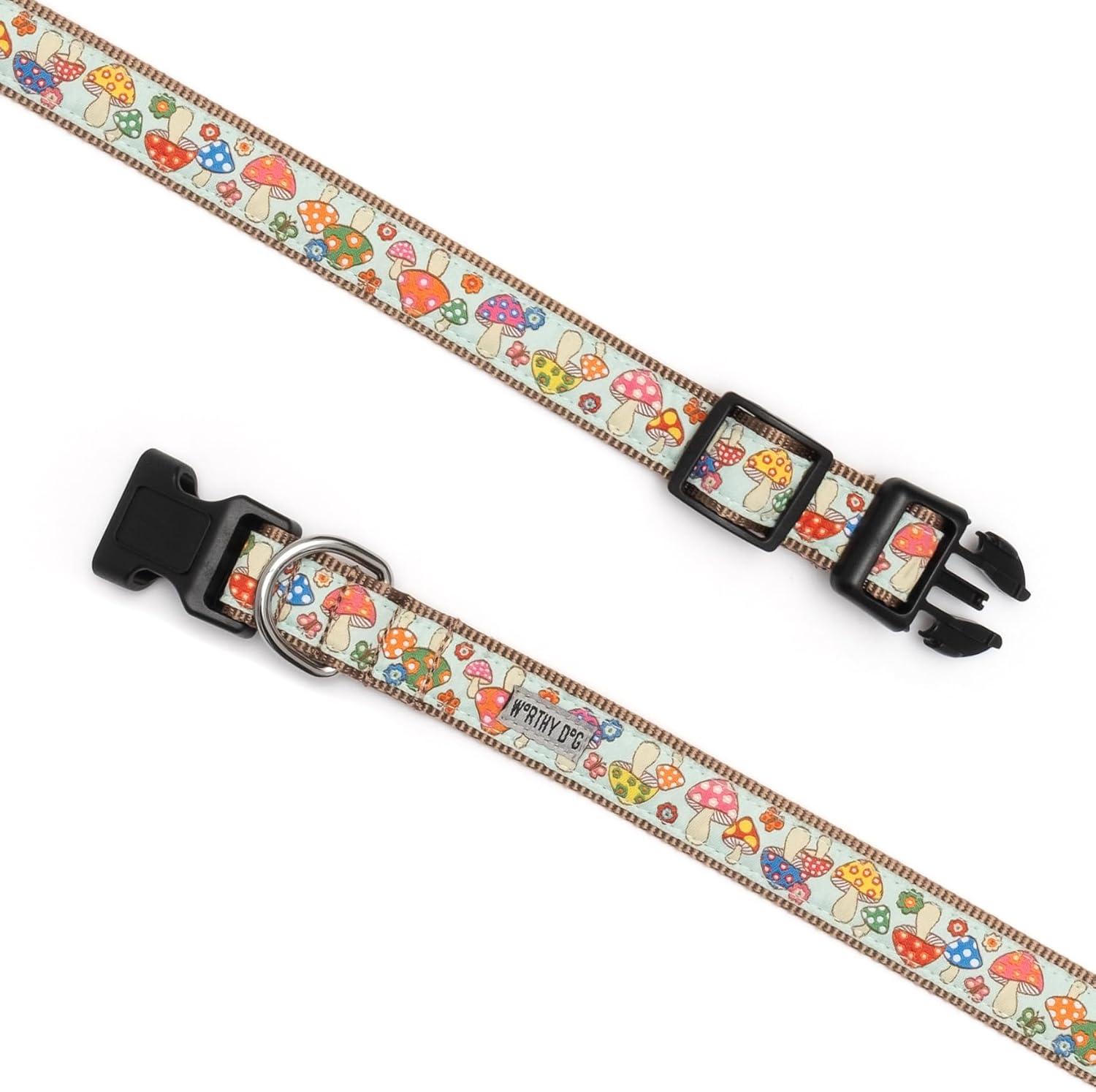 THE WORTHY DOG Everyday Mushrooms Collar – Comfortable, Durable Nylon Webbing with Woven Ribbon, Strong Quick-Release Buckle & Nickel-Plated D-Ring – Mint, Large