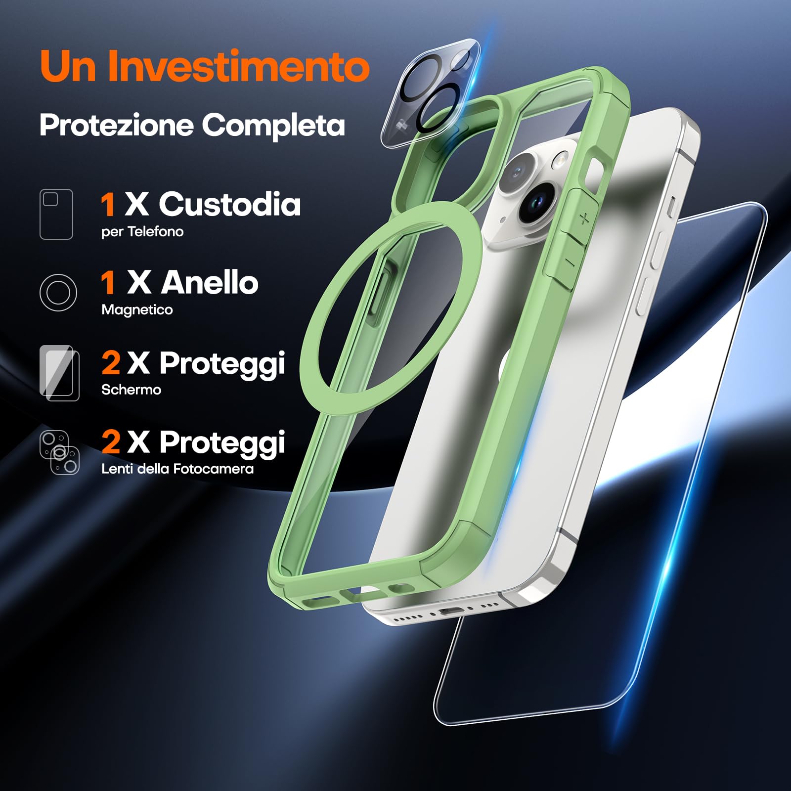 TAURI Cover iPhone 15 Plus, [5 in 1] 1 Custodia [Anti-Yellow] + 2 Pellicola Protettiva + 2 Pellicola Fotocamera, [Compatibile con Magsafe] Custodia Antiurto con Copertura a 360 Gradi - Verde