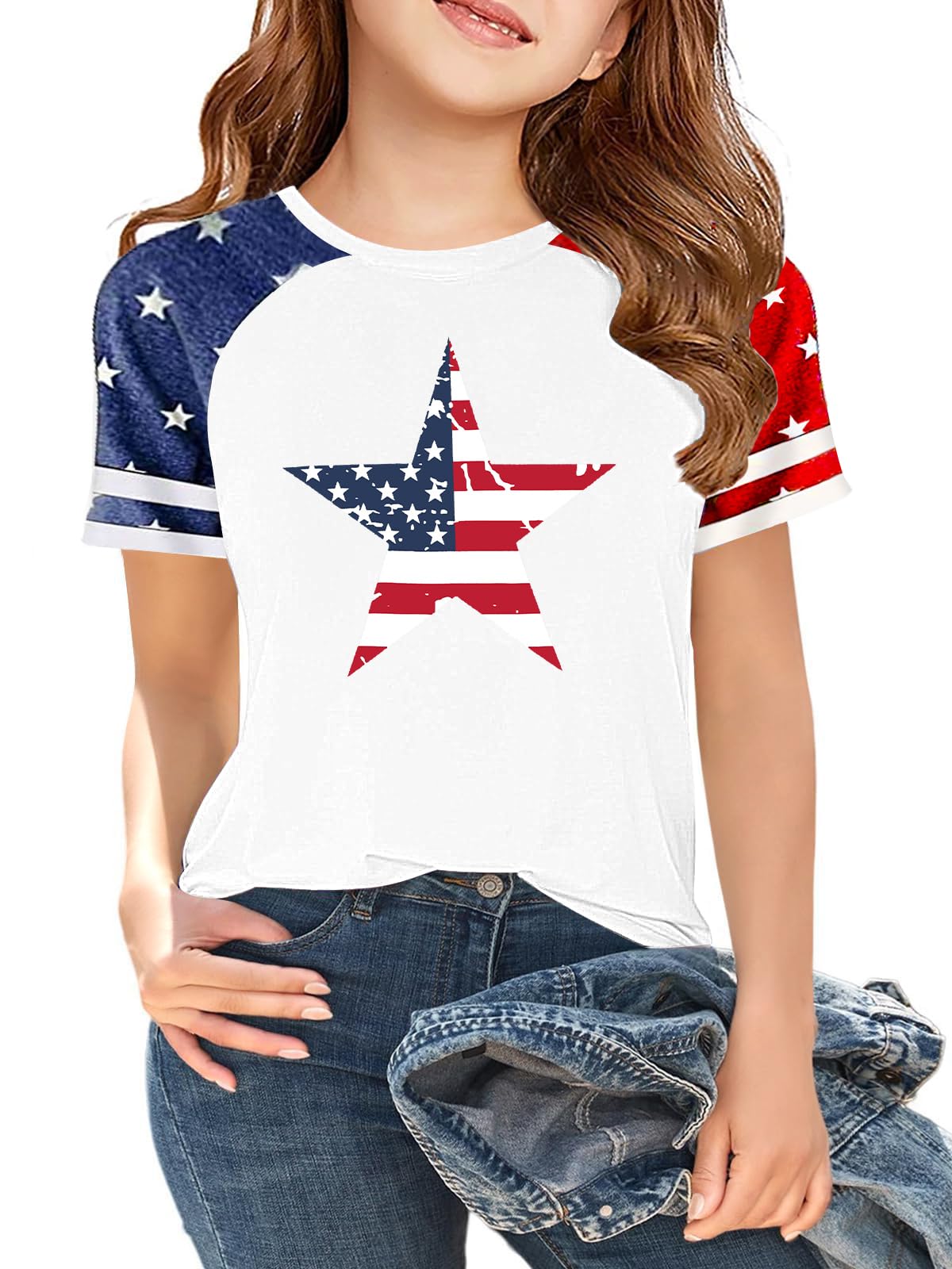 CAZYCHILD Girls 4th of July USA Shirt American Flag Patriotic T-Shirt Independence Day Outfit for Kids 5-14Years