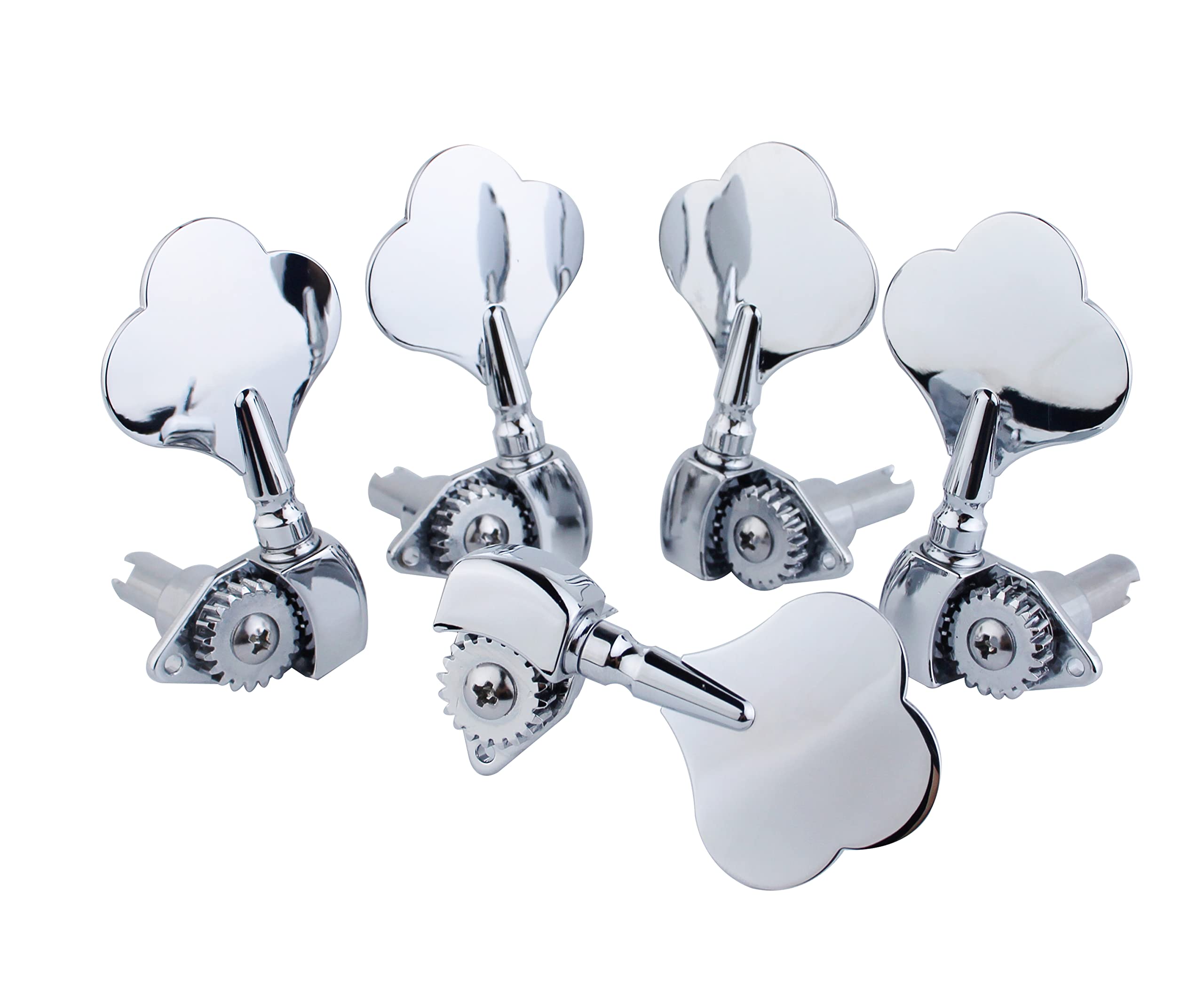 Guyker Open Frame Electric Bass Machine Head (3R + 2L) - 1:20 Ratio Gear Tuners Tuning Key Pegs - chrome