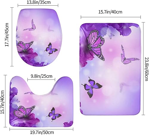 Miniatura 2 de Juego de alfombrillas de baño de 3 piezas con diseño de mariposa sobre flores moradas, cubierta de tapa de asiento de inodoro, suave,