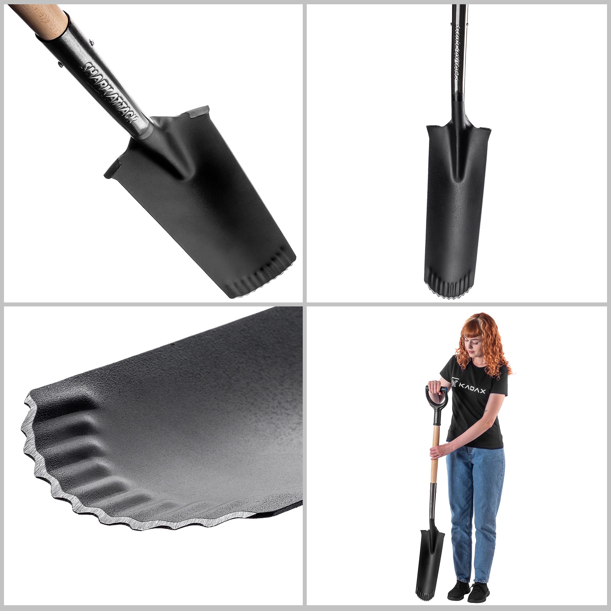 KADAX Drainierspaten, Spitze Schaufel mit D-Griff und Stiel, leichte Drainageschaufel mit Zinken, Ergonomischer Gartenspaten, Kanalspatens zum Löchergraben (124x14cm)