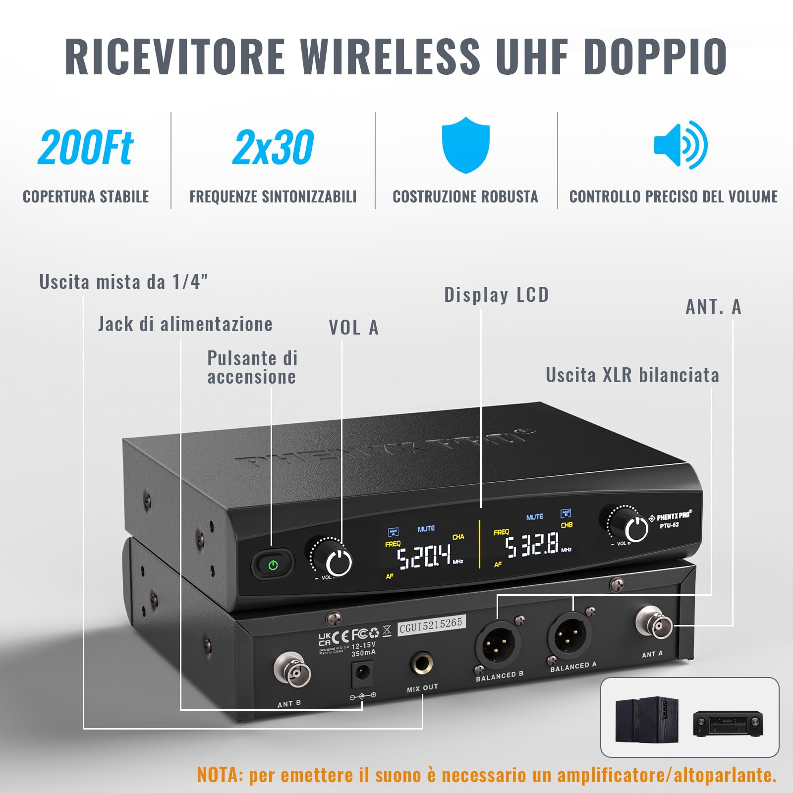 Phenyx Pro Sistema microfono wireless in metallo, microfoni dinamici palmari senza fili per canto, karaoke, chiesa, 2x30 frequenze sintonizzabili UHF, portata di 200 piedi (PTU-52-2H)