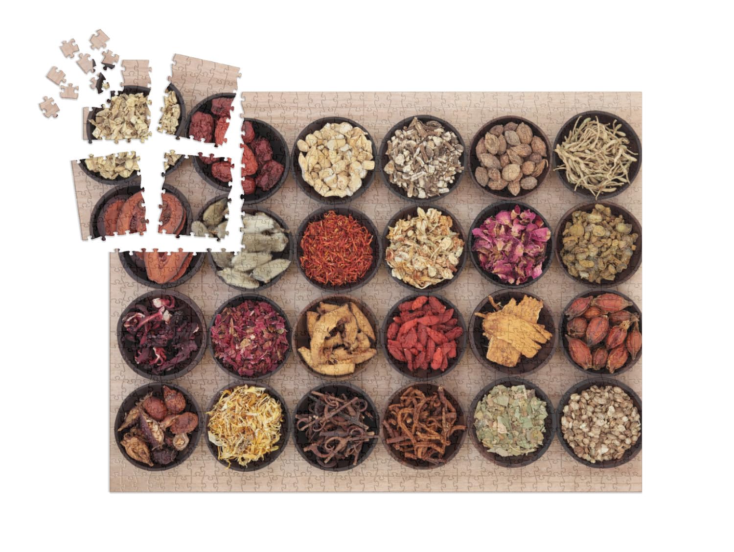 puzzleYOU: Puzzle-Adventskalender | „Chinesische Kräutermedizin in Holzschalen“ – aus der Puzzle-Kollektion Kräuter