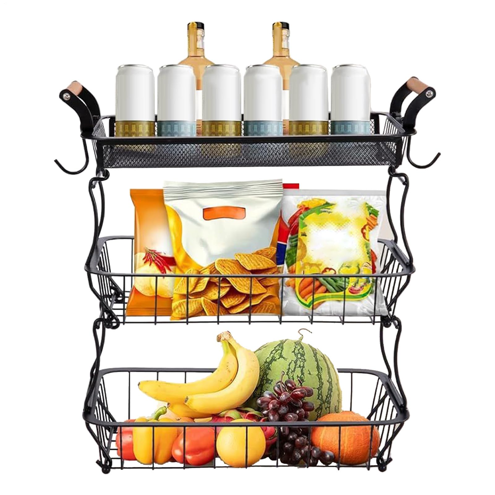 Cestas de Verduras de 3 Niveles para Cocina | Organización y Almacenamiento con Ganchos para Plátanos para Patatas Cebollas Verduras Pan Alimentos Hogar