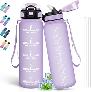Grsta Trinkflasche 1l, Trinkflasche mit Strohhalm, Wasserflasche Sport mit Zeitmarkierung, Wasserflasche für Kohlensäurehaltige Getränke, Kann mit Dir Tragen, für Fitness, Camping, Wandern, Lila