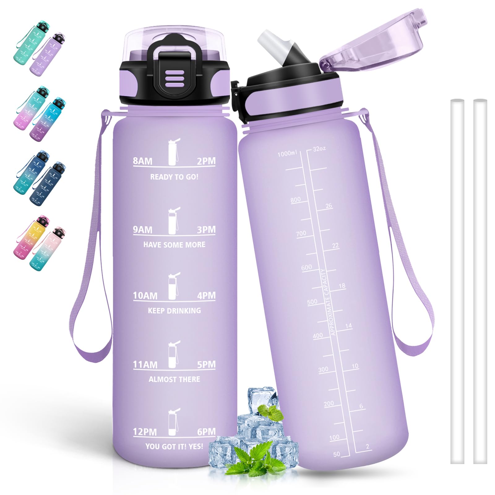 Grsta 1 Litre Sports Water Bottle with Straw with Time Marking for Carbonated Drinks Can Carry Water Bottle for Fitness Camping Hiking Purple