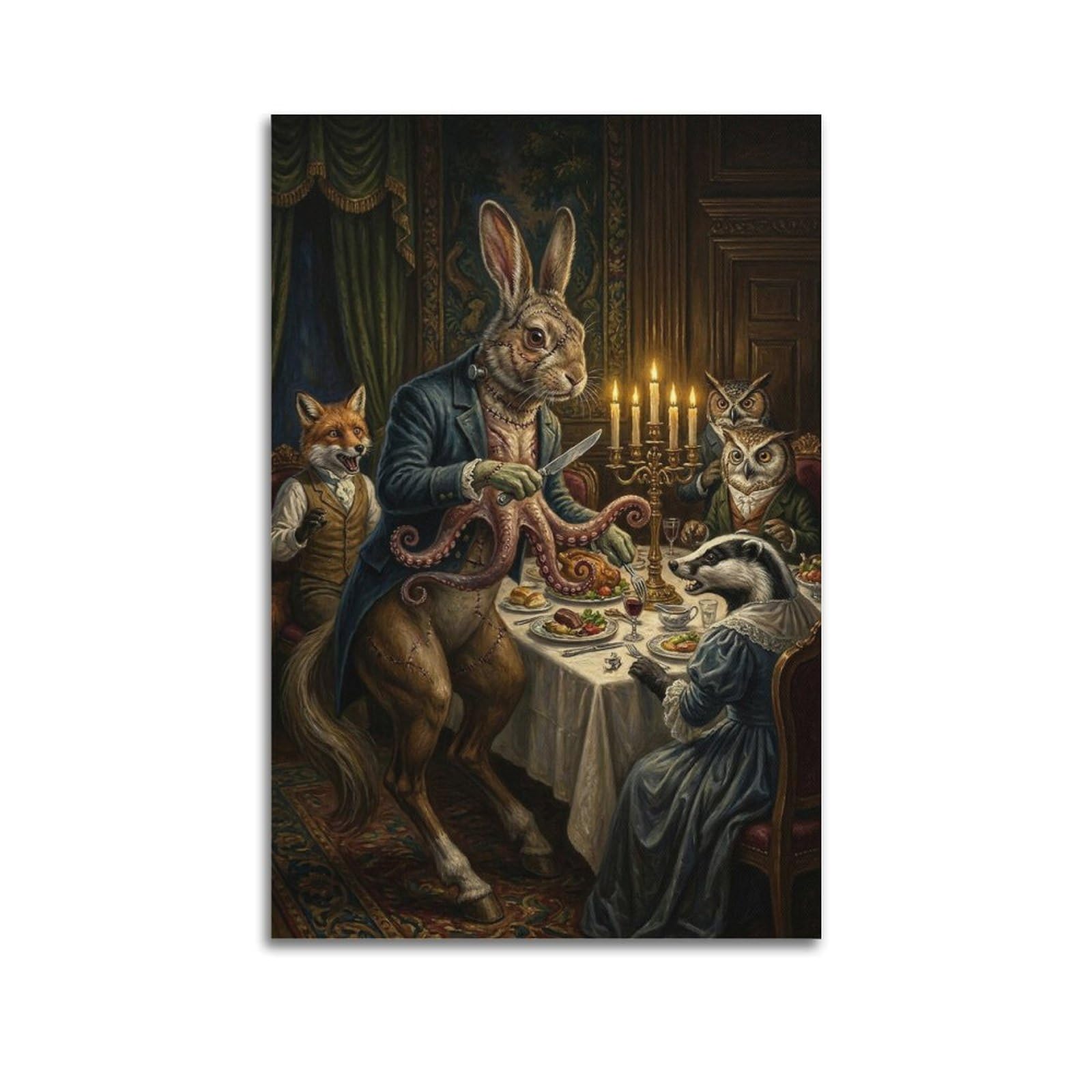 XKUGA Surreal Vintage Animal Poster Rabbit Octopus Banquet Fable Modern Decorative Canvas Prints - Ideal Wall Art for Family, Man Cave, Game Room, Boys & Girls Bedroom 20x30inch(50x75cm)