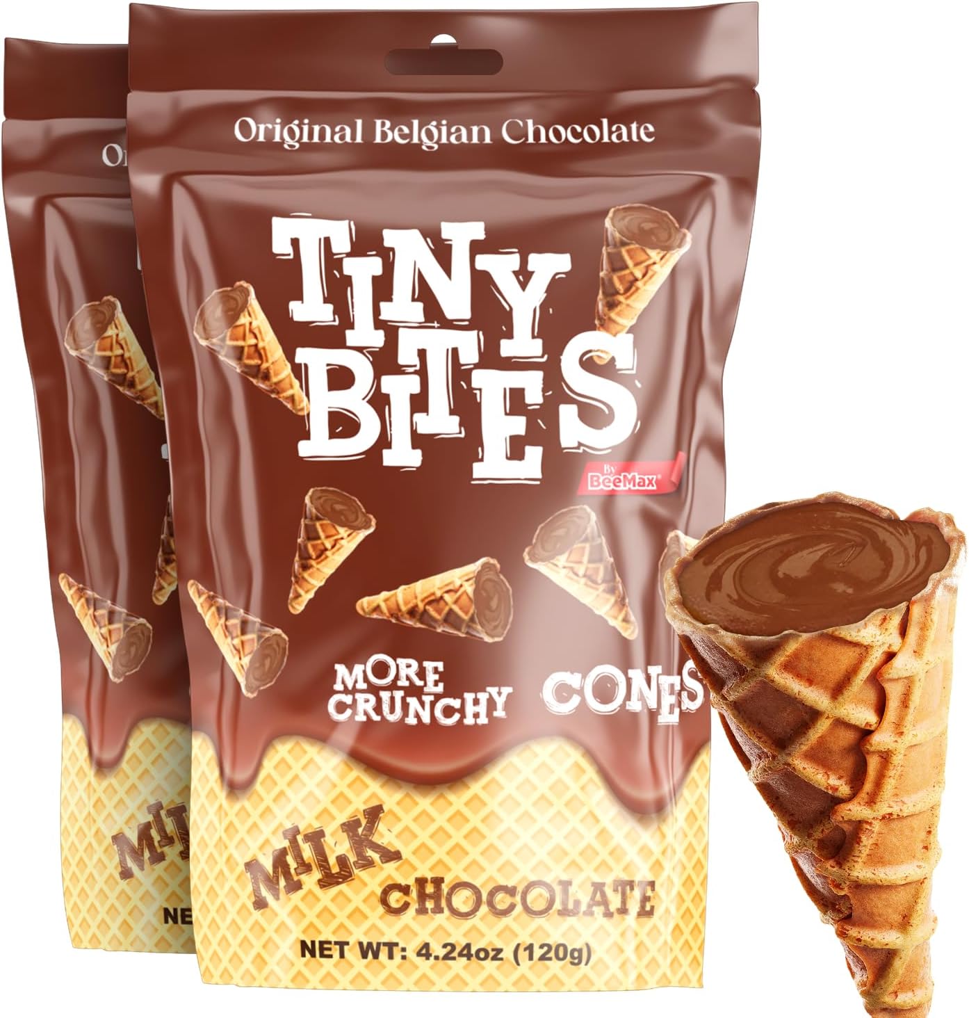 BeeMax Tiny Bites Milk Chocolate Mini Waffle Cones - 4.24 oz Bag (Pack of 2) - Crispy Waffle Cones Filled with Belgian Milk Chocolate - Bite-Sized Snacks for Parties, Lunchboxes & Dessert Boards