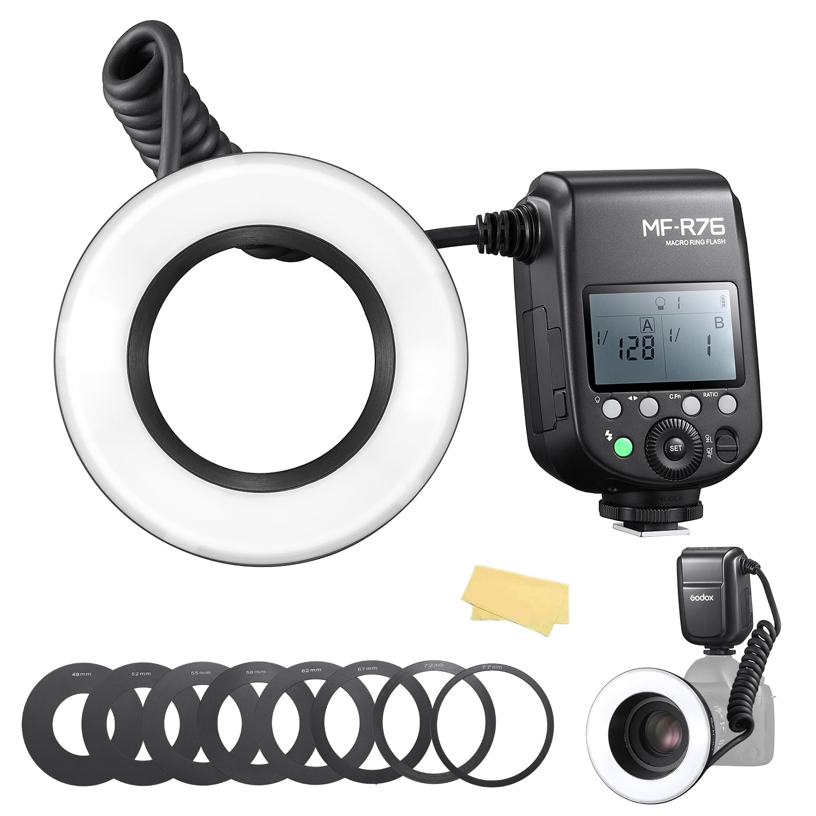 Godox MF R76 Micro Ring Flash 76Ws CCT 5000K 660 Full-Power Flashes Recycle Time 0.1-1.5S for Canon Nikon Sony Fuji Olympus Panasonic DSLR Cameras