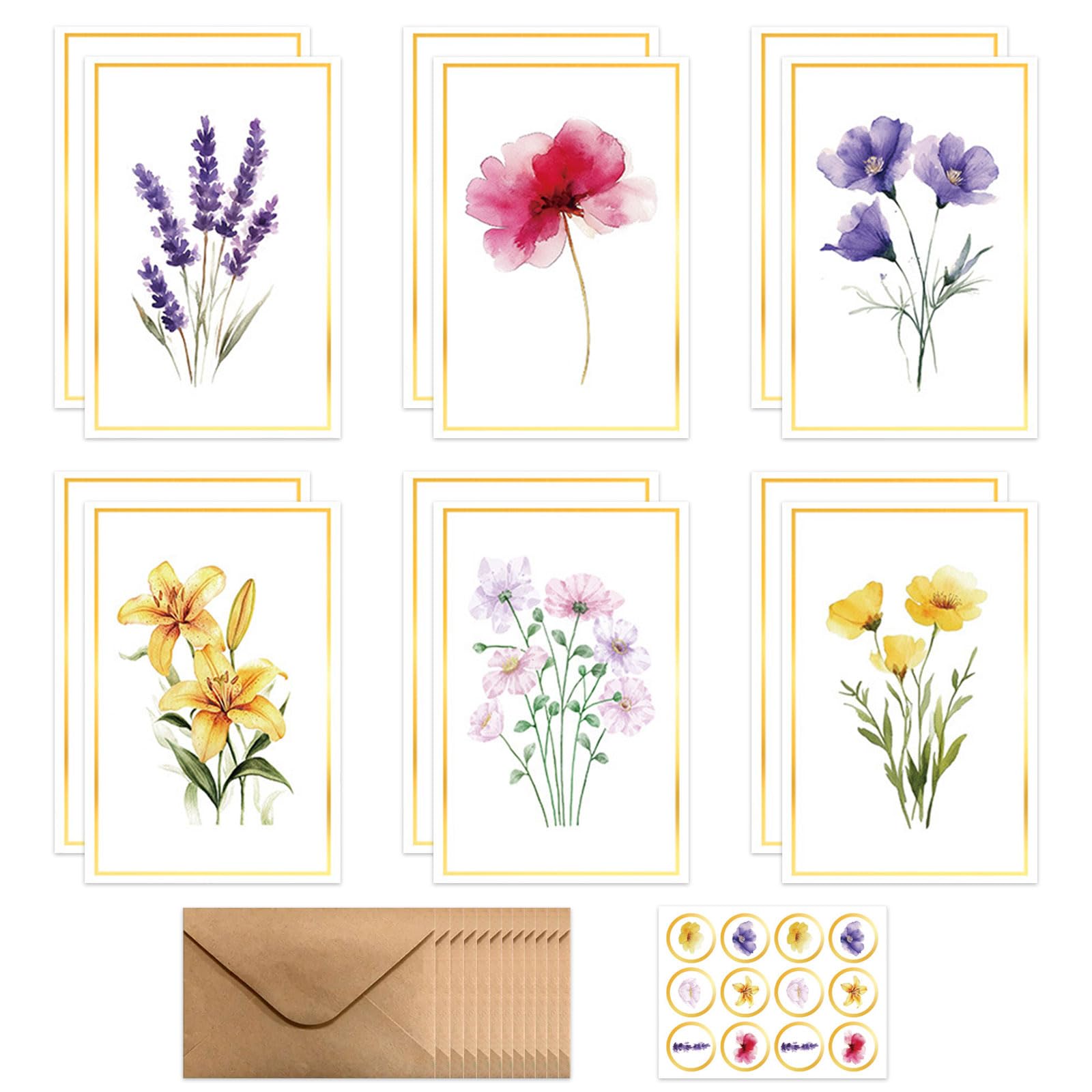 Cartes Voeux d'Anniversaire Fleuri avec Enveloppe Lot de 12