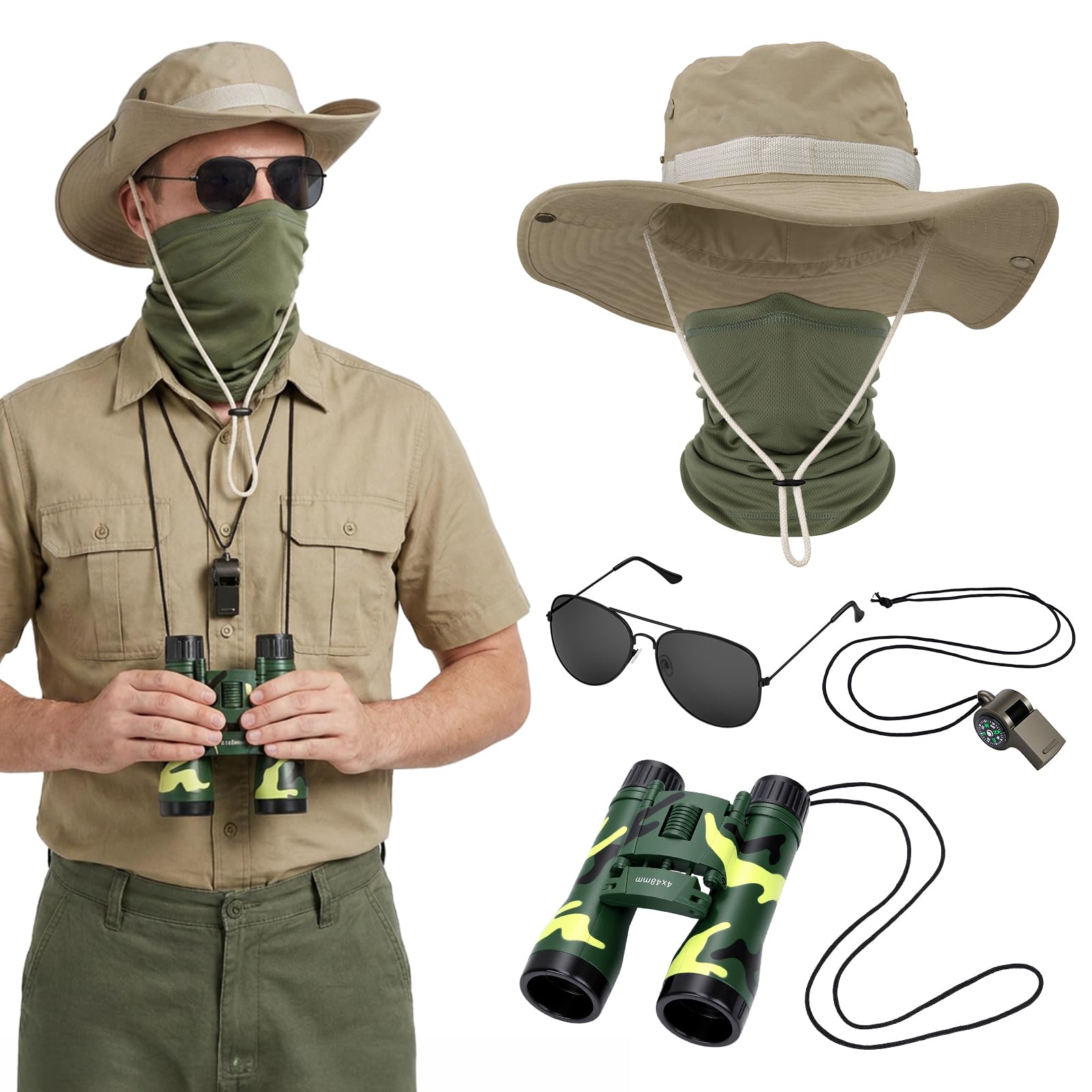 SelfTek Safari Costume For Men - 5 Pcs Explorer Zoo Keeper Costume Kit with Safari Hat, Binoculars, Face Mask, Sunglasses, Whistle with Compass for Halloween Cosplay Party
