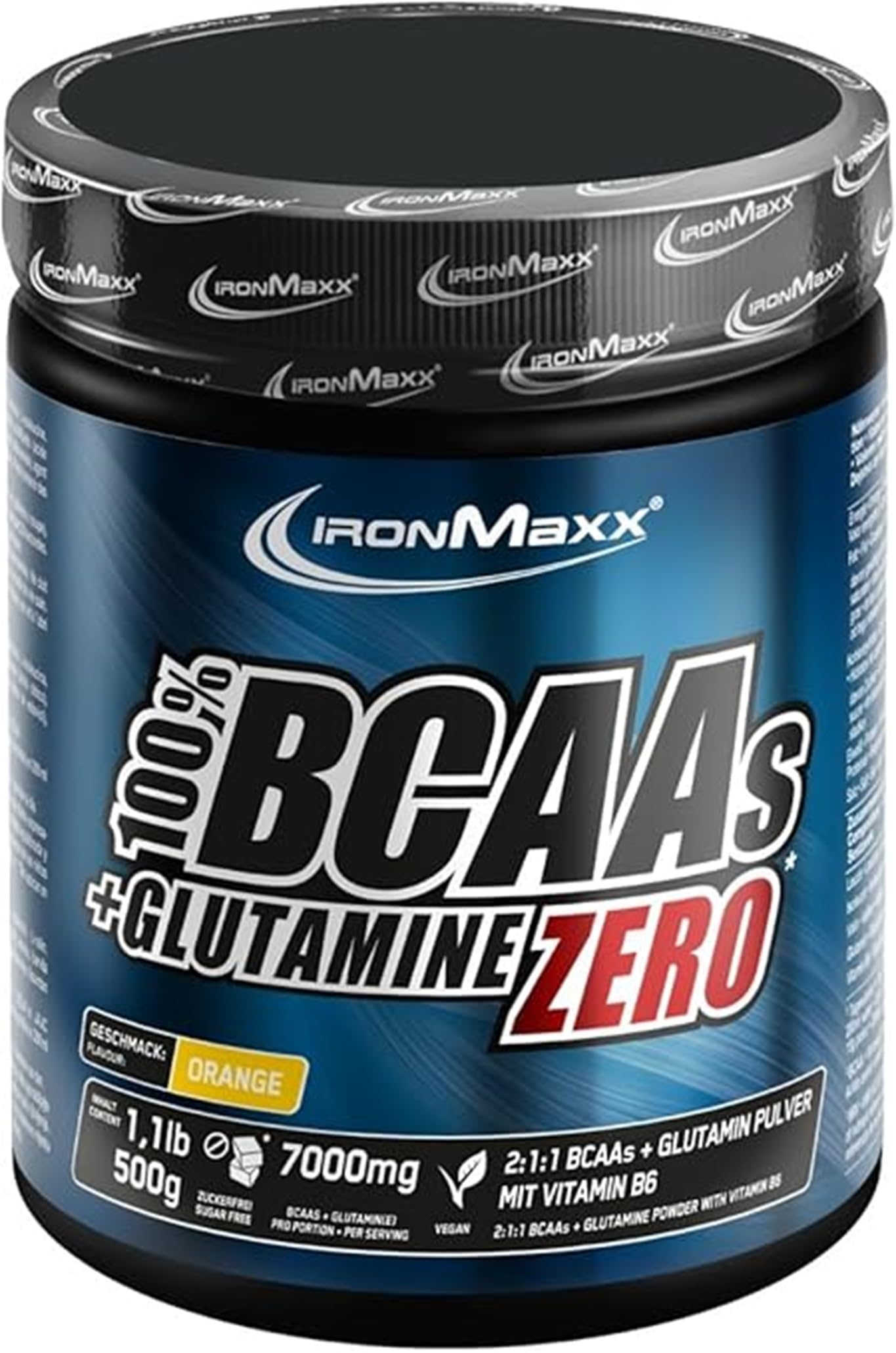 IronMaxx 100% BCAAs + Glutamine Zero - Orange 500g | veganes & zuckerfreies Aminosäuren Pulver mit Vitamin B6 | 6000 mg BCAA´s und 1000 mg Glutamin pro Portion