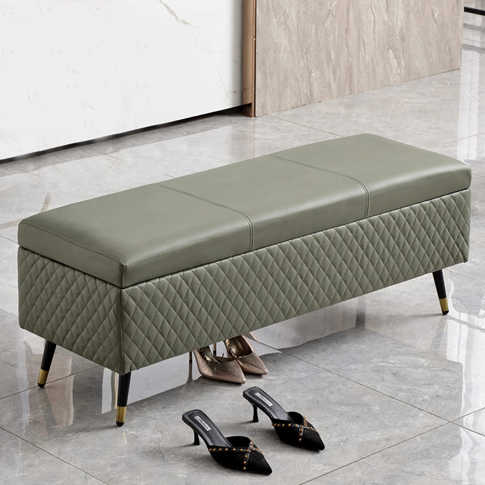 Coffre ottoman de rangement en bois et similicuir vert, banc de fin de lit matelassé 100cm