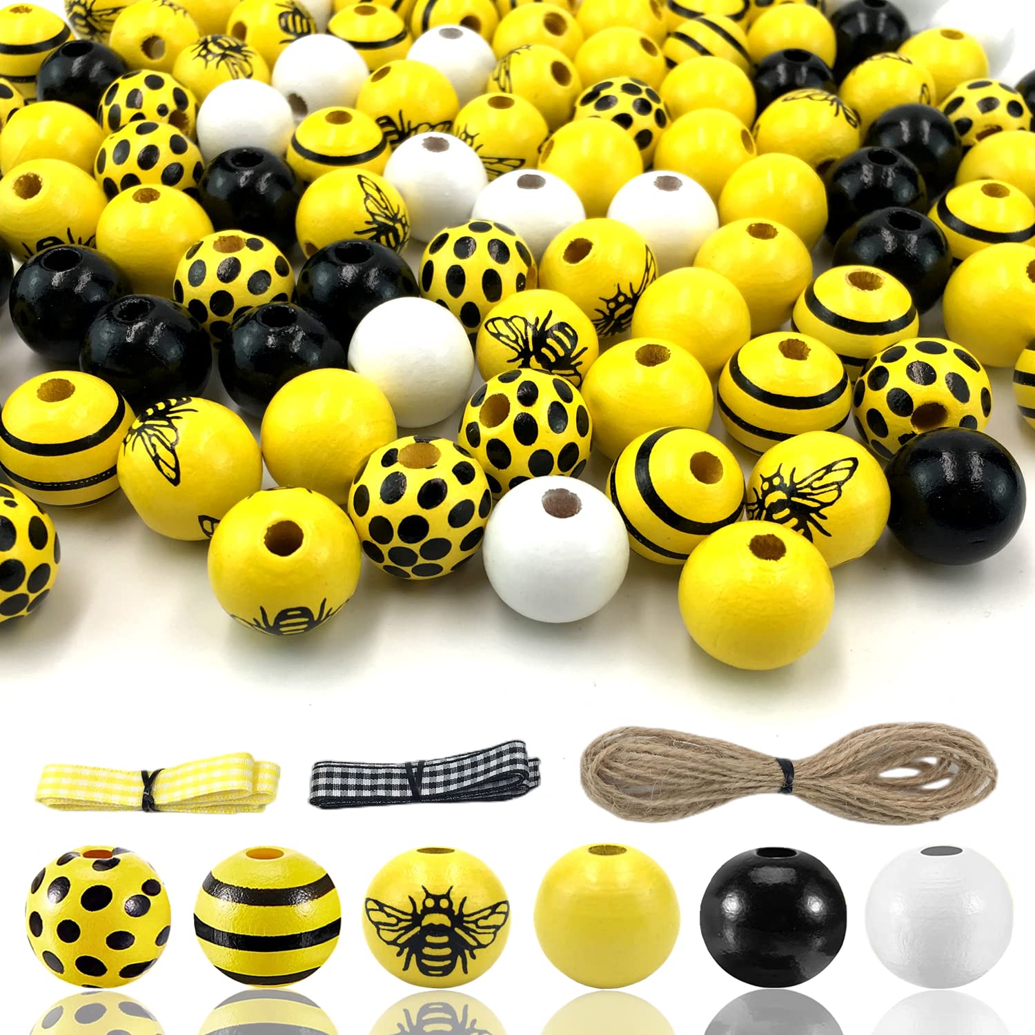 Wooden Beads, 120 Pieces 16mm Colorful Painted Loose Polished Bee Decorative Wood Beads, Round Spacer Beads with Hole for Necklace Bracelet Garland Jewelry DIY Craft Making