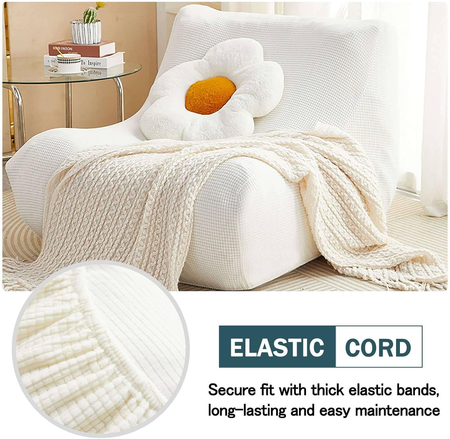 Single Seated Lazy Floor Sofa Cover, Soft Spandex Fireside Chair Cover Non Slip Armless Lounge Chaise Slipcover with Elastic Bottom Bean Bag Couch Cover Washable-Cream-1 Seater