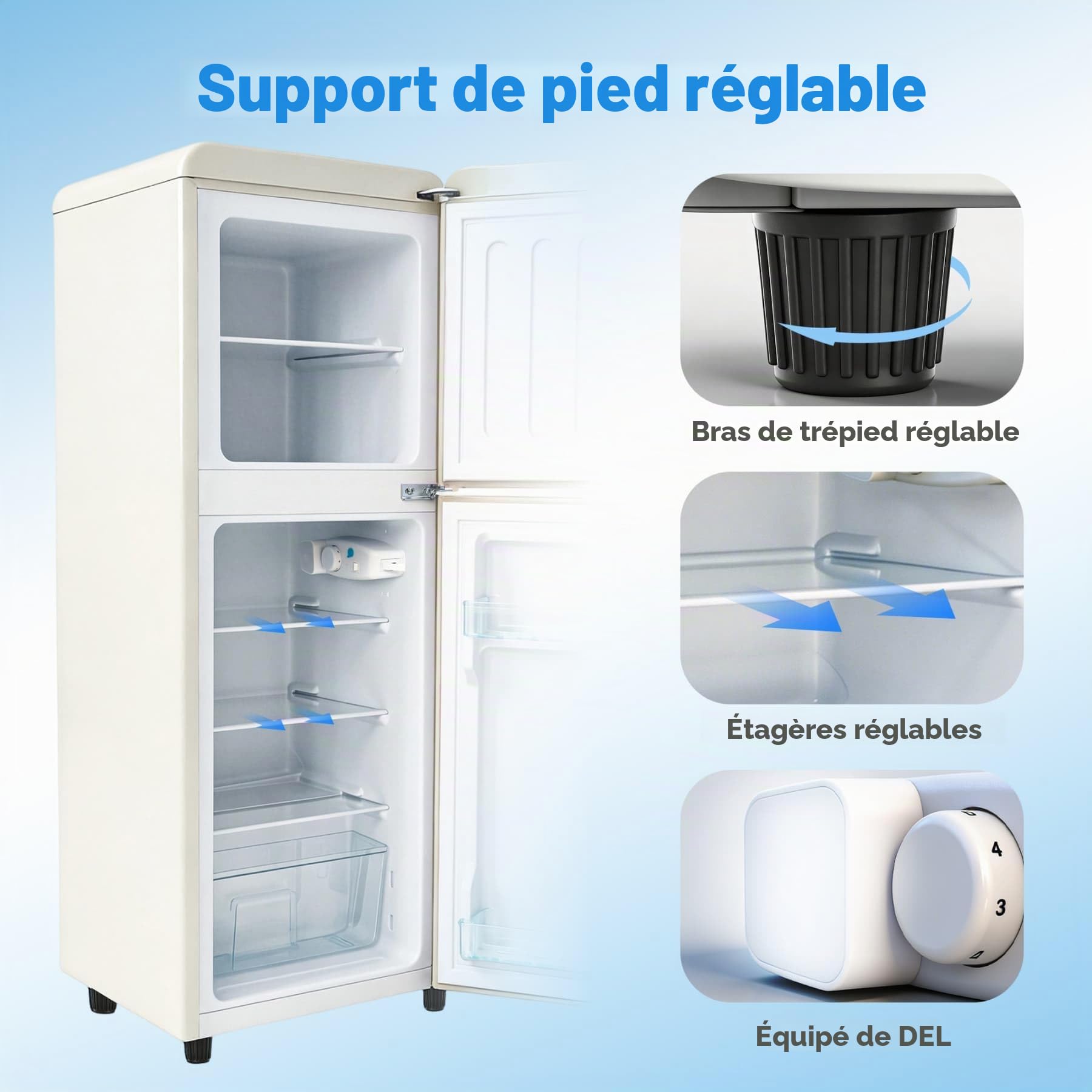 YEHTOKHOME Réfrigérateur à 2 portes,Petit Frigo,7 niveaux de réglage de la température,éclairage LED,étagères réglables,classe énergétique E,pour cuisine,salon et bureau (Blanc cassé, 112 L)