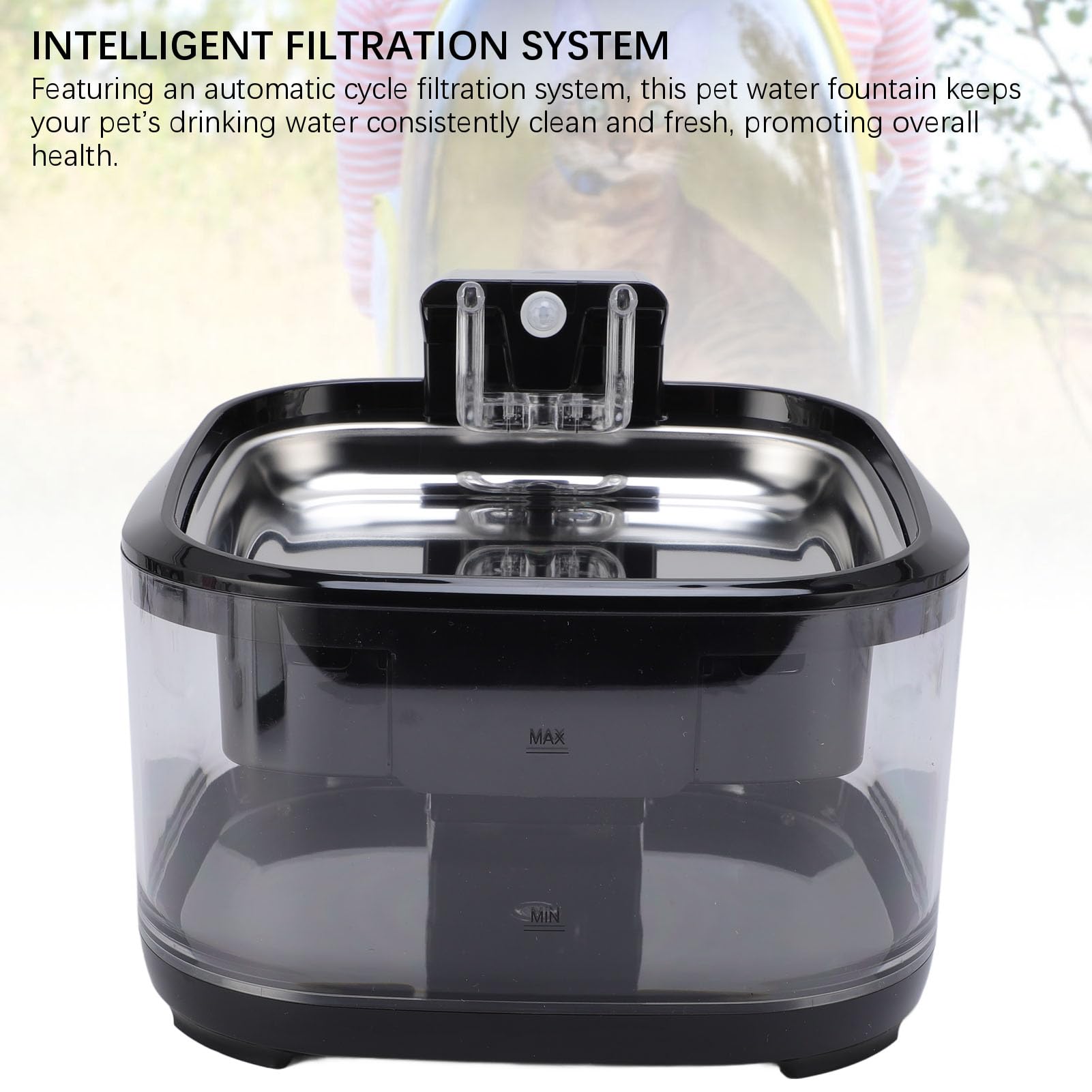 AMONIDA Fuente para Mascotas de 4,5 L, Fuente de Filtración de Circulación Silenciosa, de Cuenco de Acero Inoxidable, Ideal para Perros y Gatos (Black)